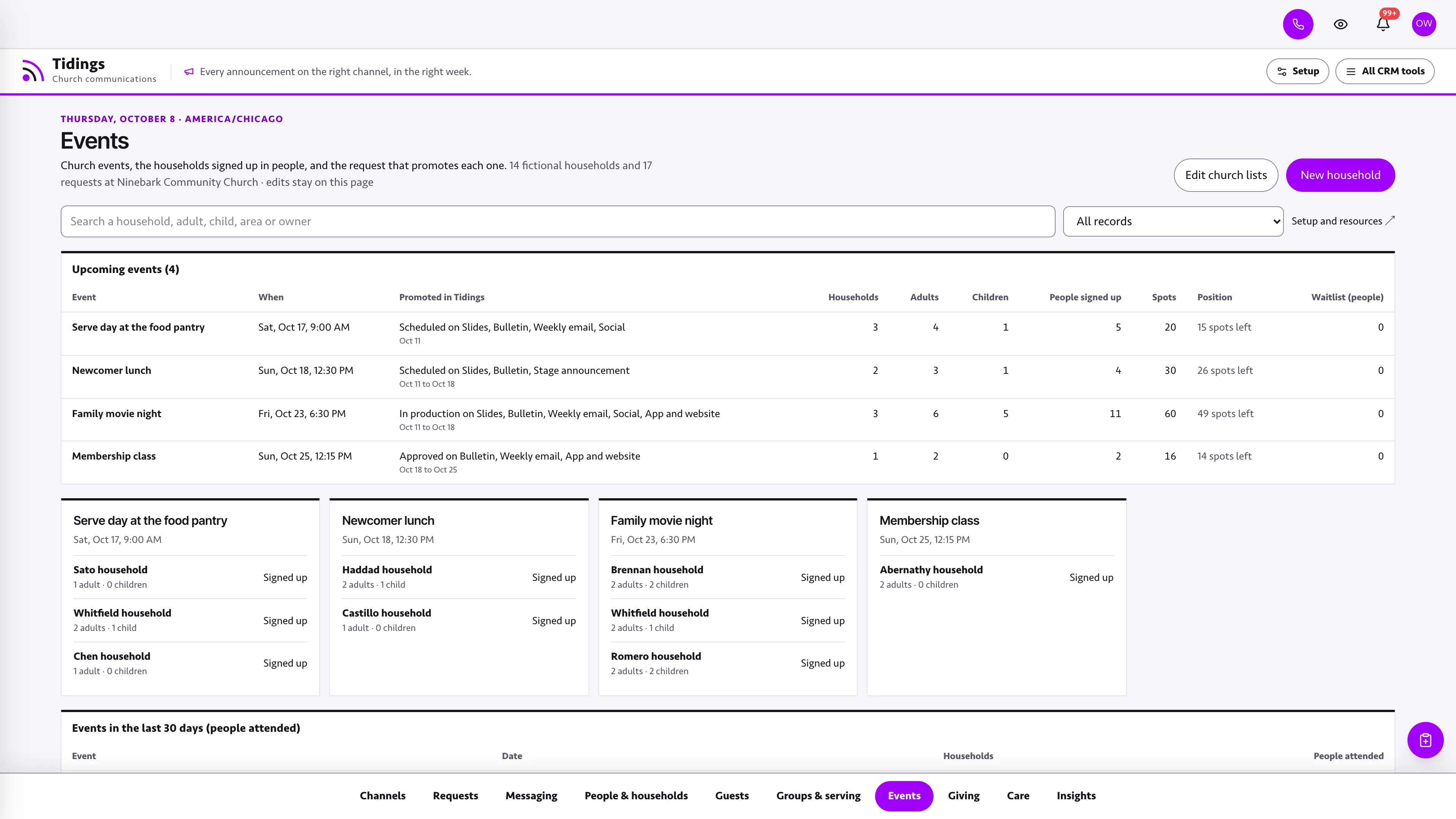 Events in the GoSeedly Communications Church CRM Kit with fictional sample records