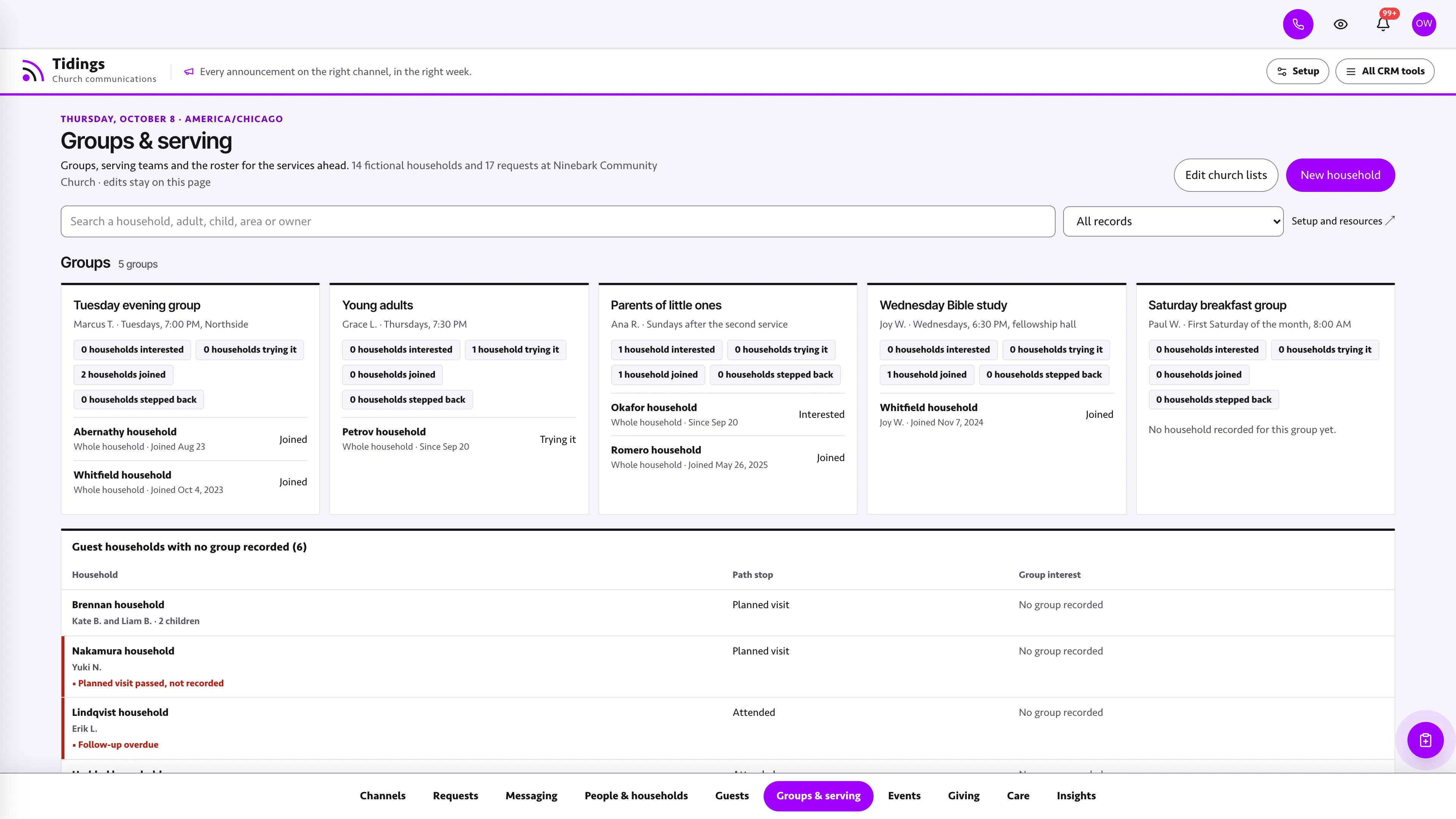 Groups & serving in the GoSeedly Communications Church CRM Kit with fictional sample records