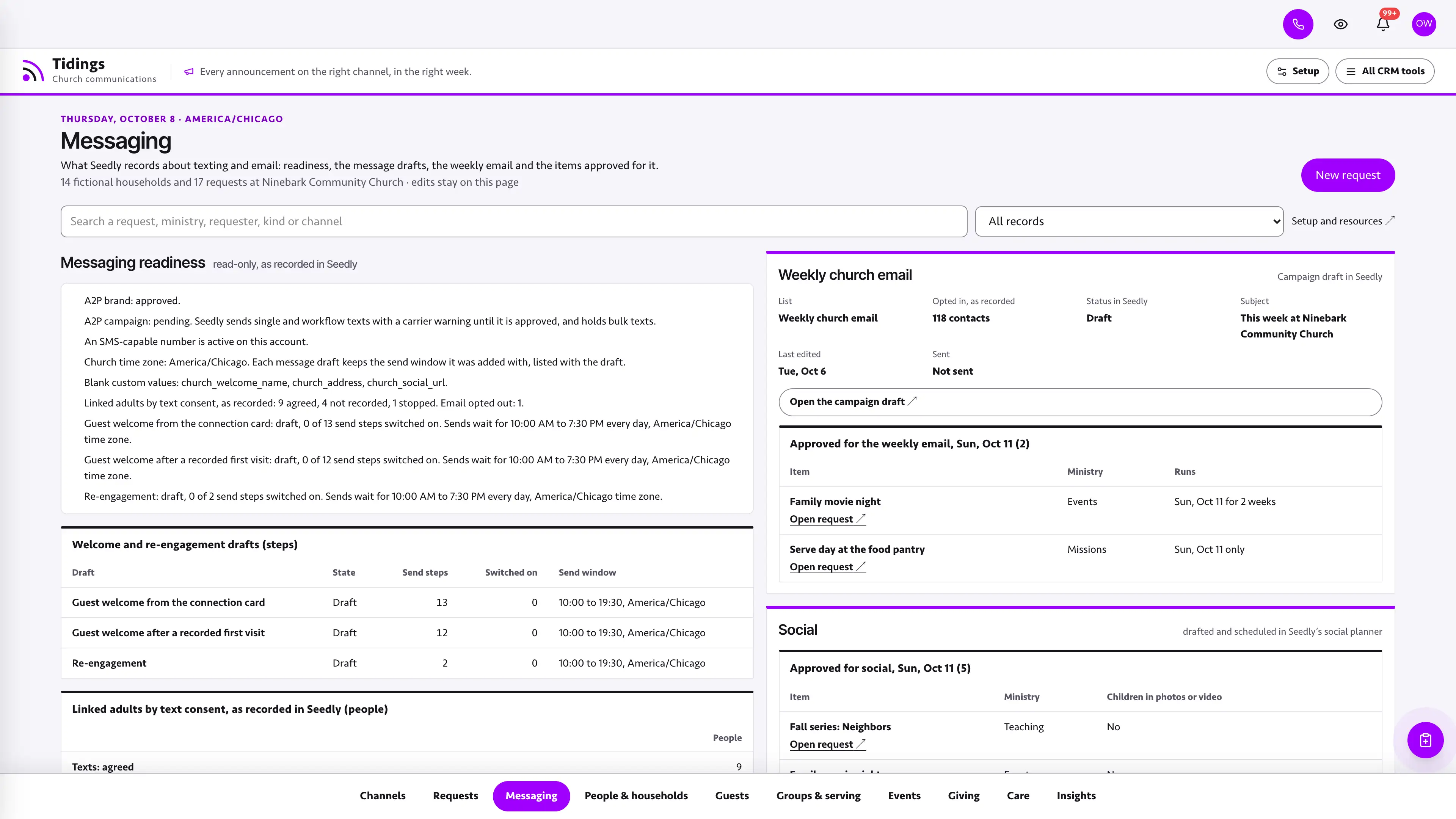 Messaging in the GoSeedly Communications Church CRM Kit with fictional sample records