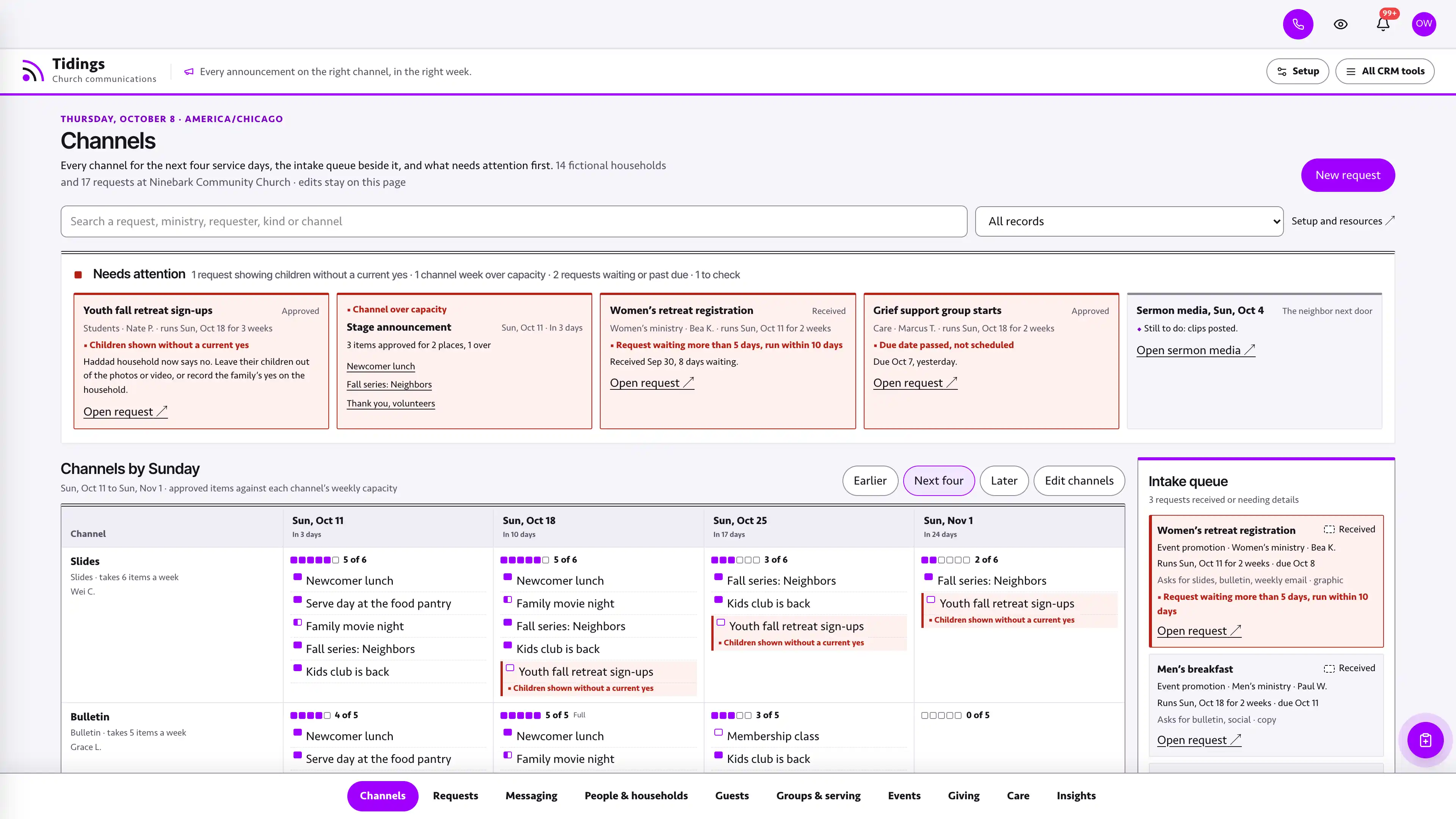 Channels in the GoSeedly Communications Church CRM Kit with fictional sample records
