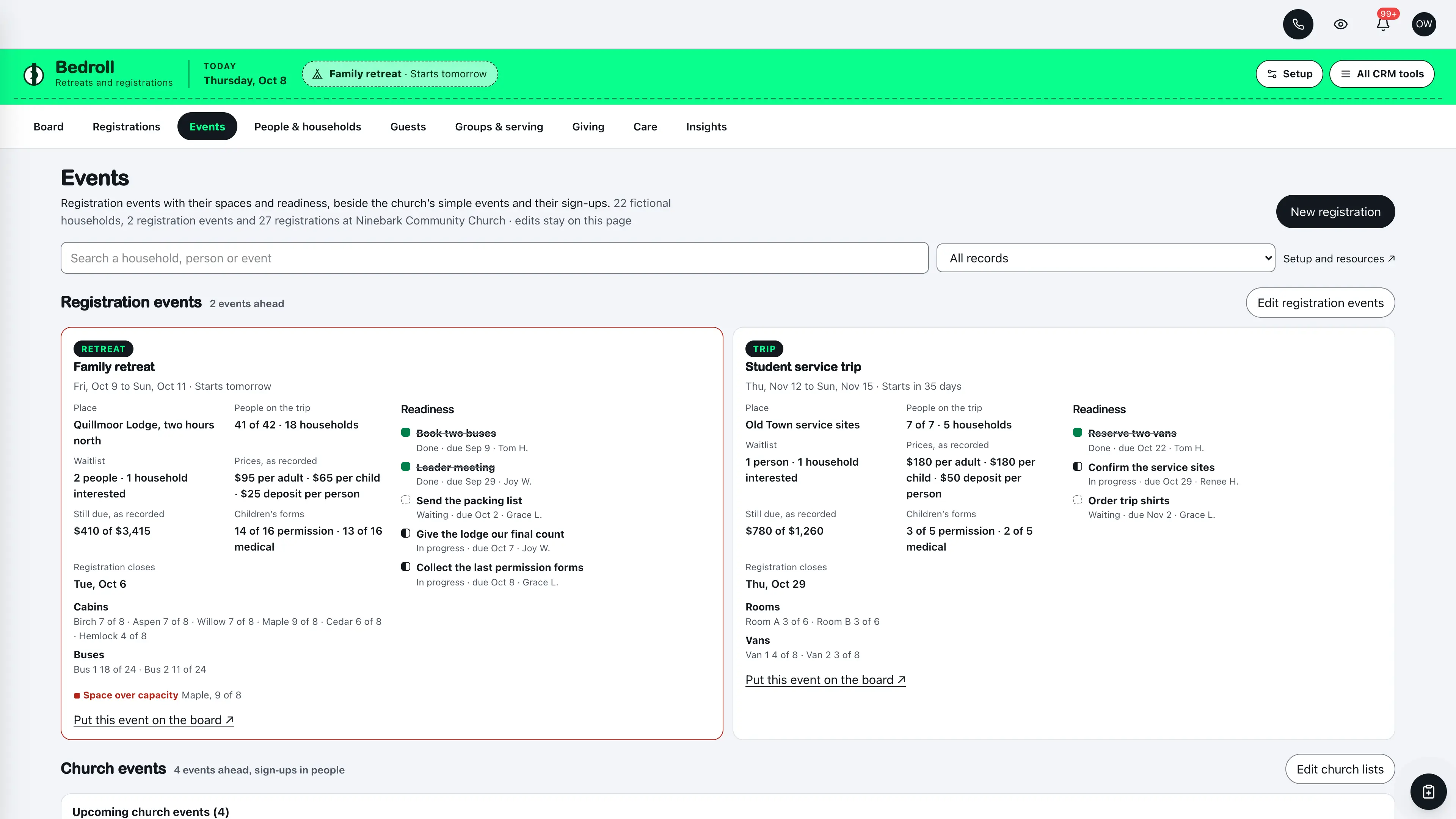 Events in the GoSeedly Events & Retreats Church CRM Kit with fictional sample records