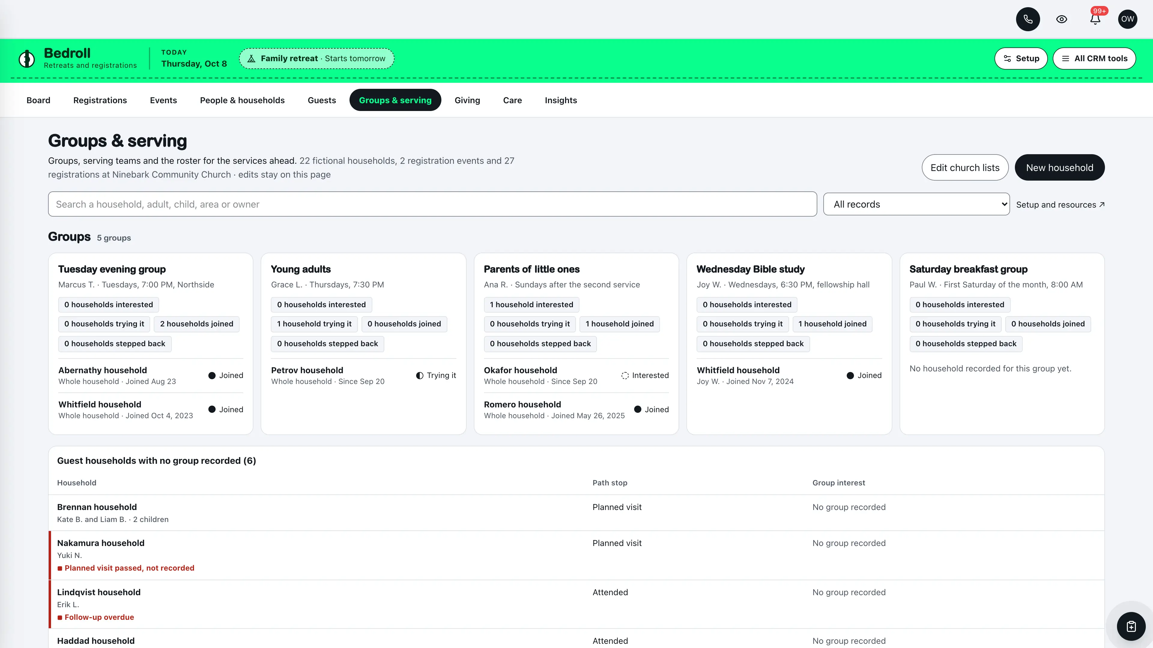 Groups & serving in the GoSeedly Events & Retreats Church CRM Kit with fictional sample records