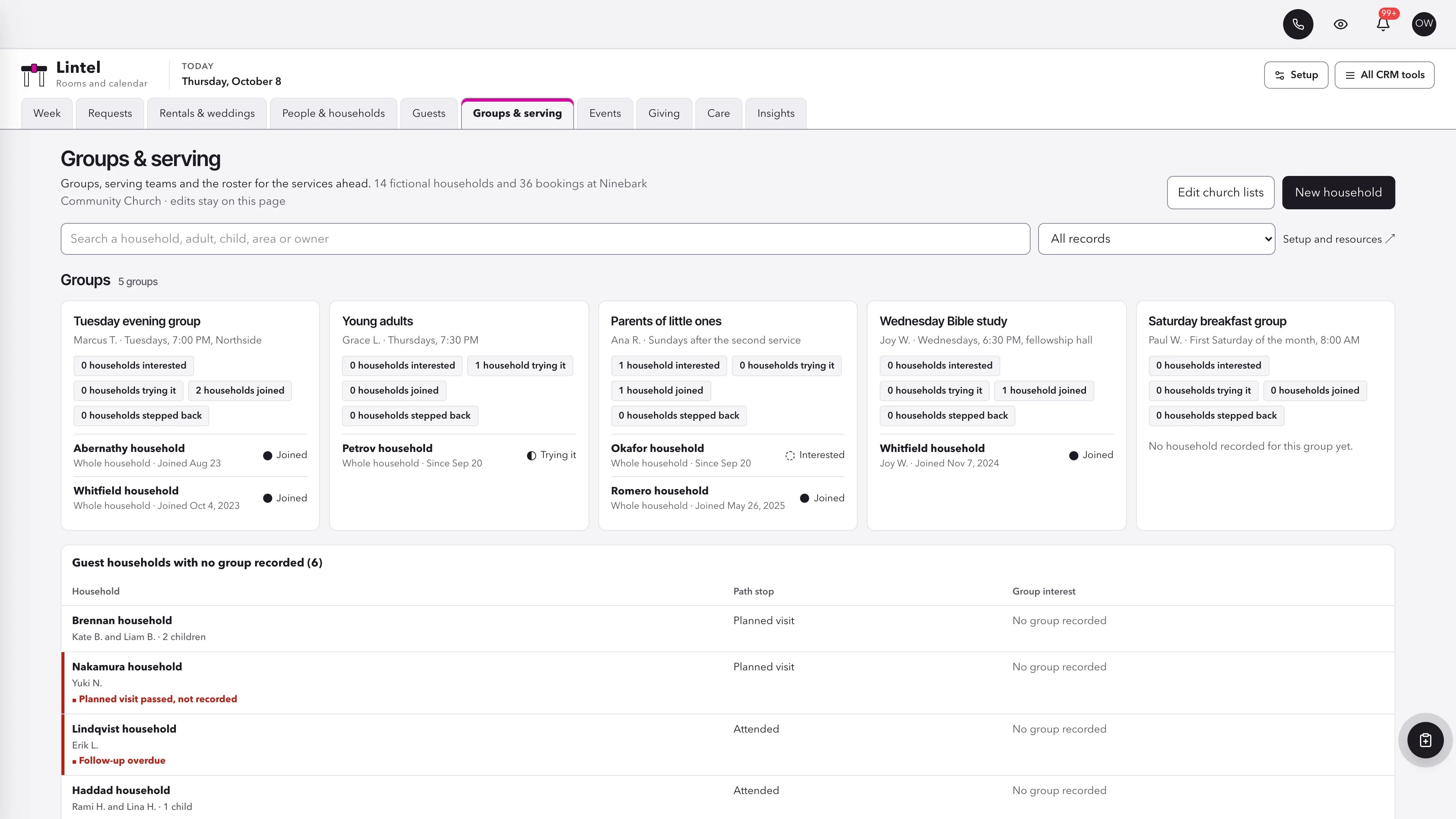 Groups & serving in the GoSeedly Facilities & Calendar Church CRM Kit with fictional sample records