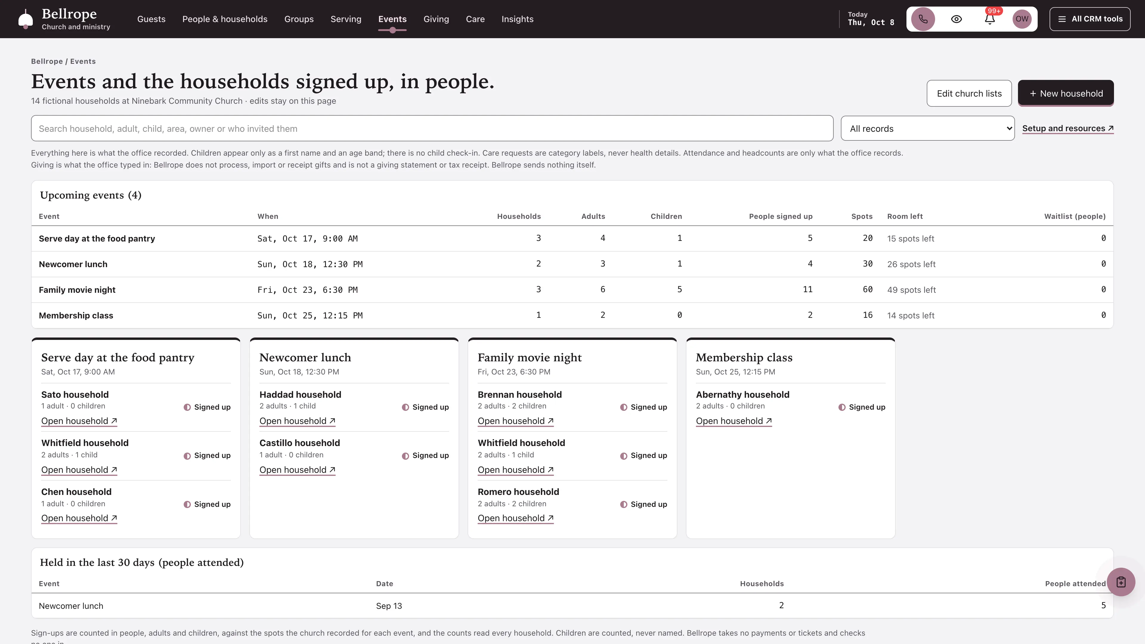 Events in the GoSeedly Church & Ministry Kit with fictional sample records