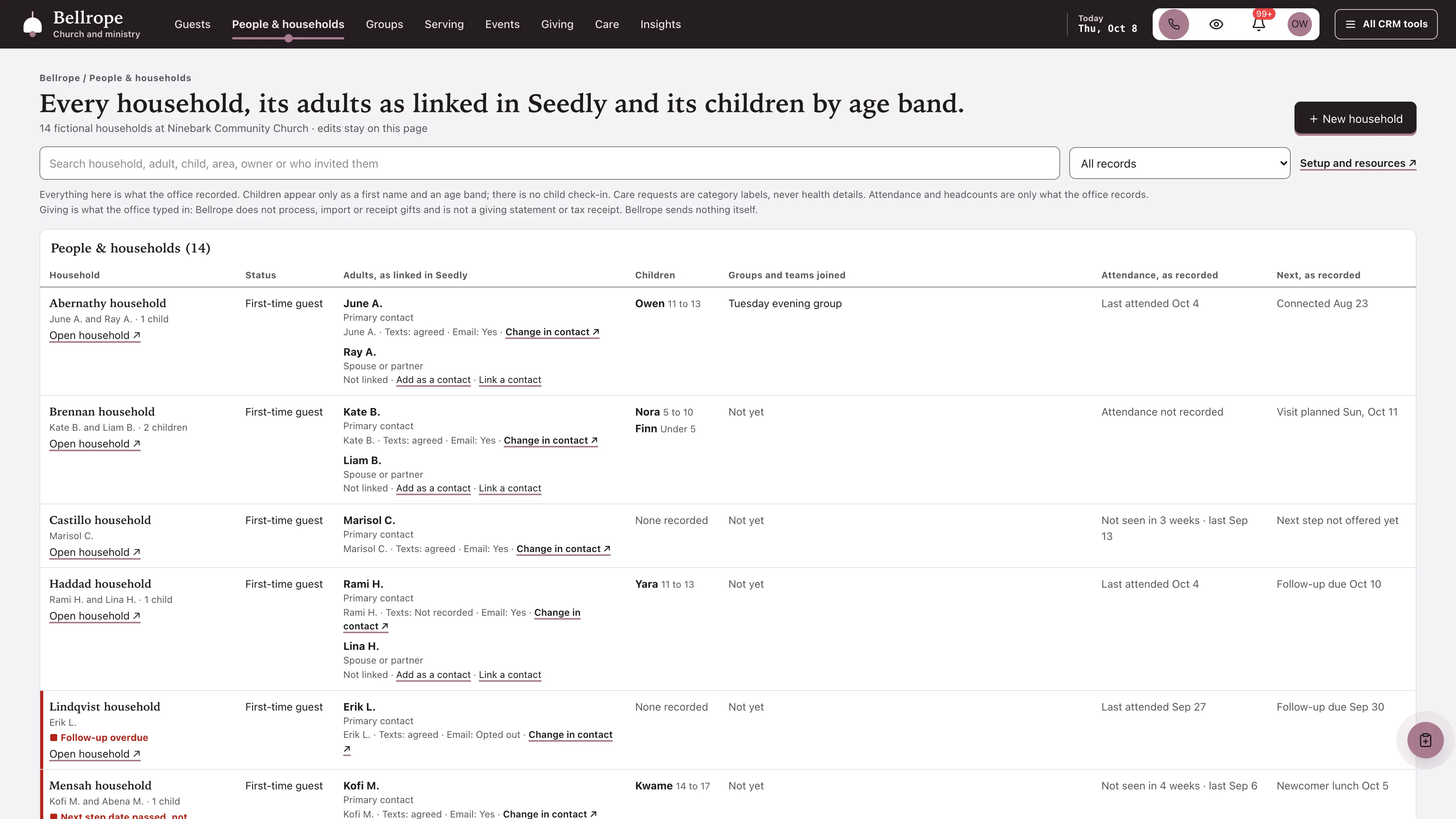 People & households in the GoSeedly Church & Ministry Kit with fictional sample records
