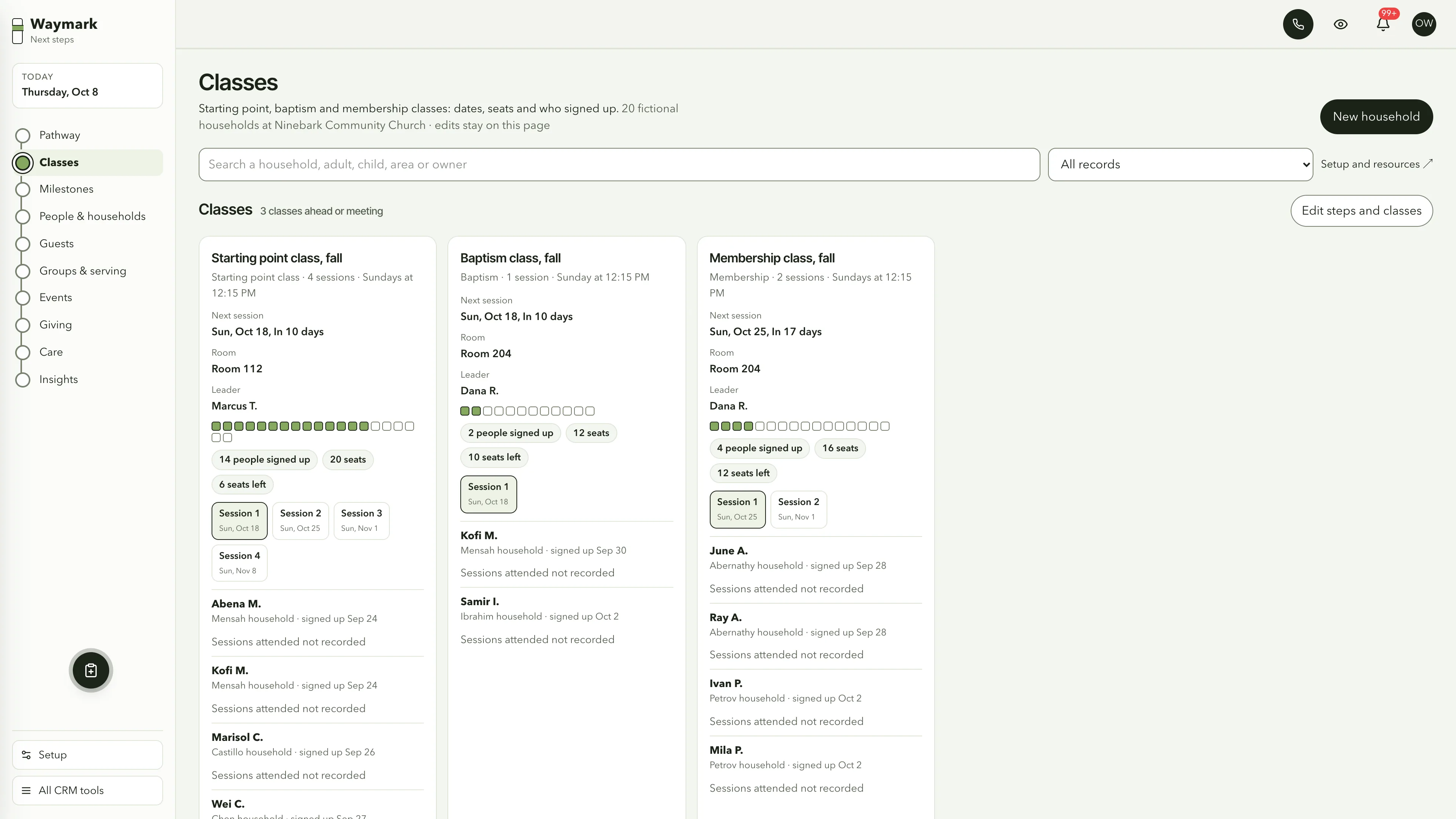 Classes in the GoSeedly Next Steps Church CRM Kit with fictional sample records