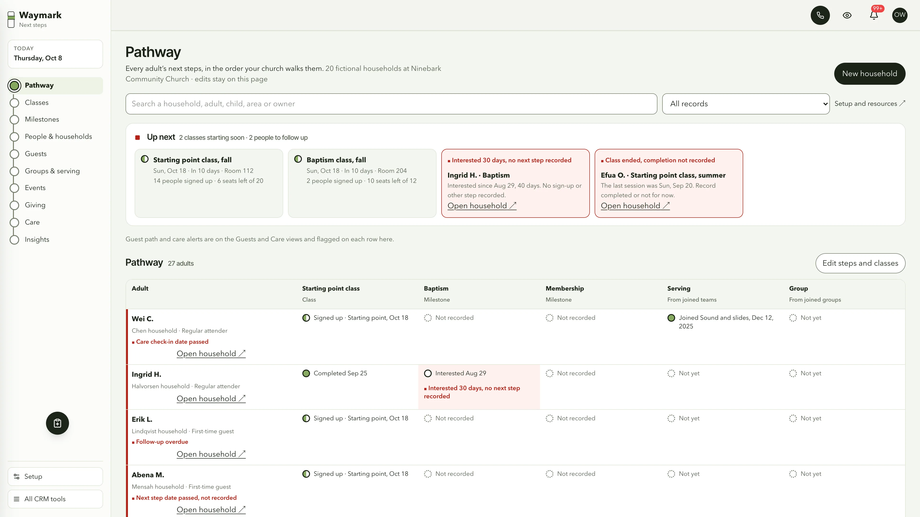 Pathway in the GoSeedly Next Steps Church CRM Kit with fictional sample records