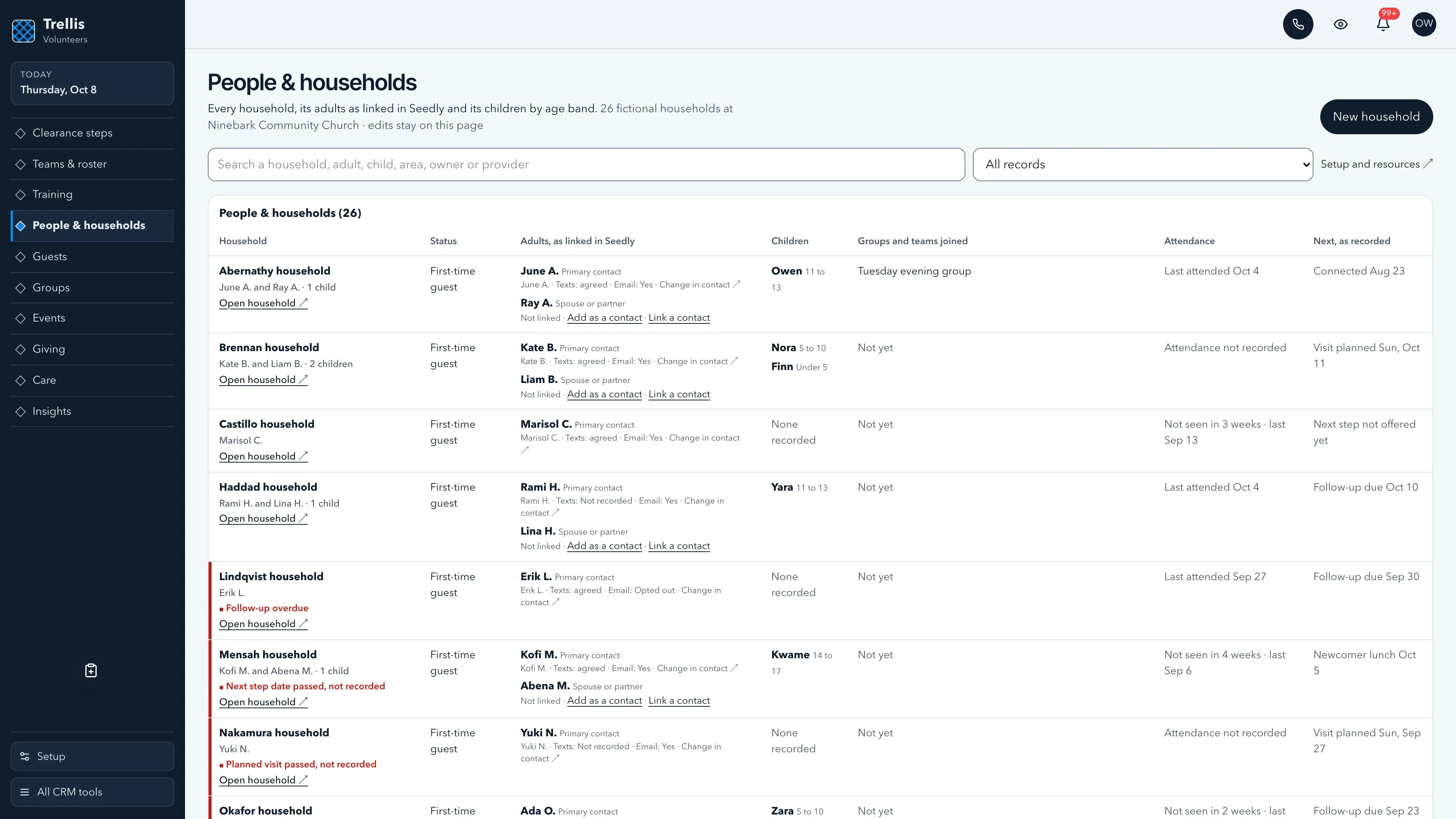 People & households in the GoSeedly Volunteers Church CRM Kit with fictional sample records