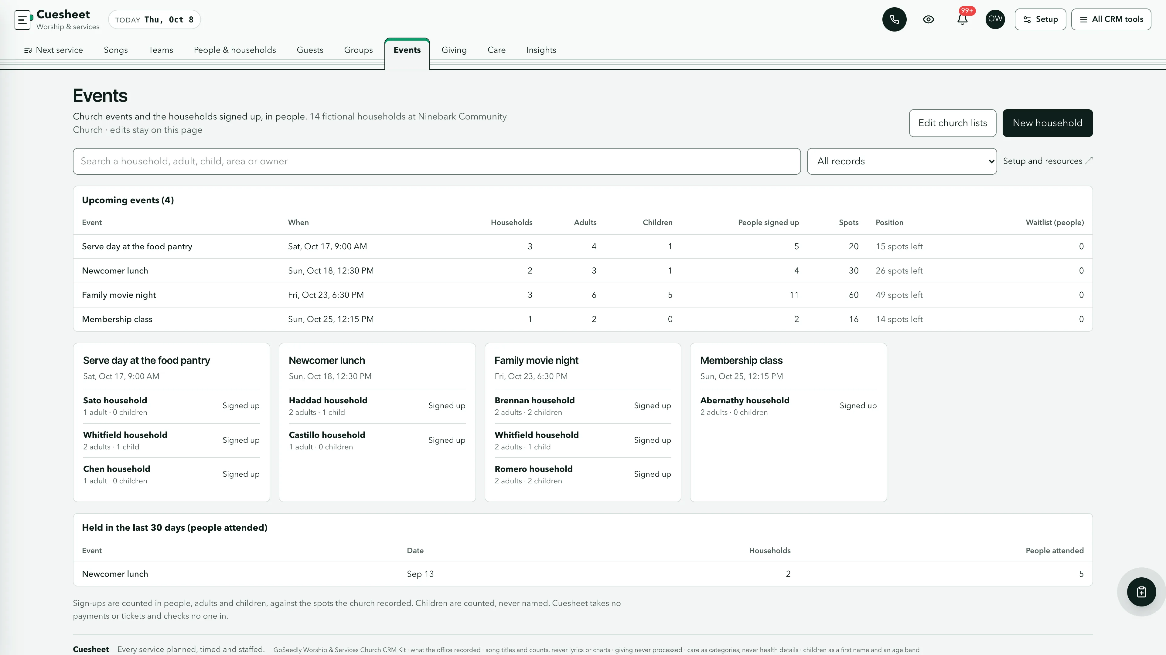 Events in the GoSeedly Worship & Services Church CRM Kit with fictional sample records