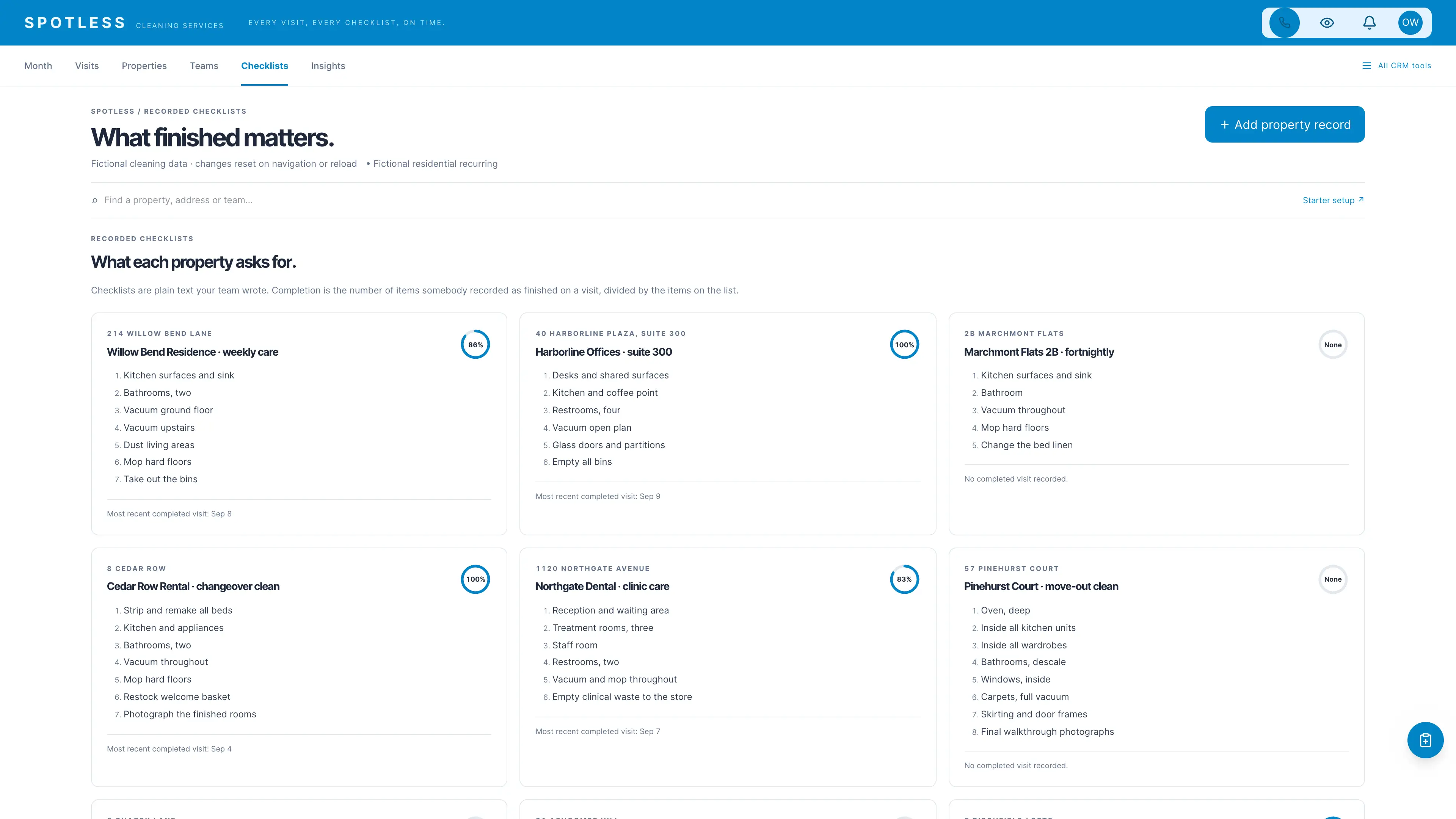 Recorded checklists in the GoSeedly Cleaning Services Kit with fictional sample records