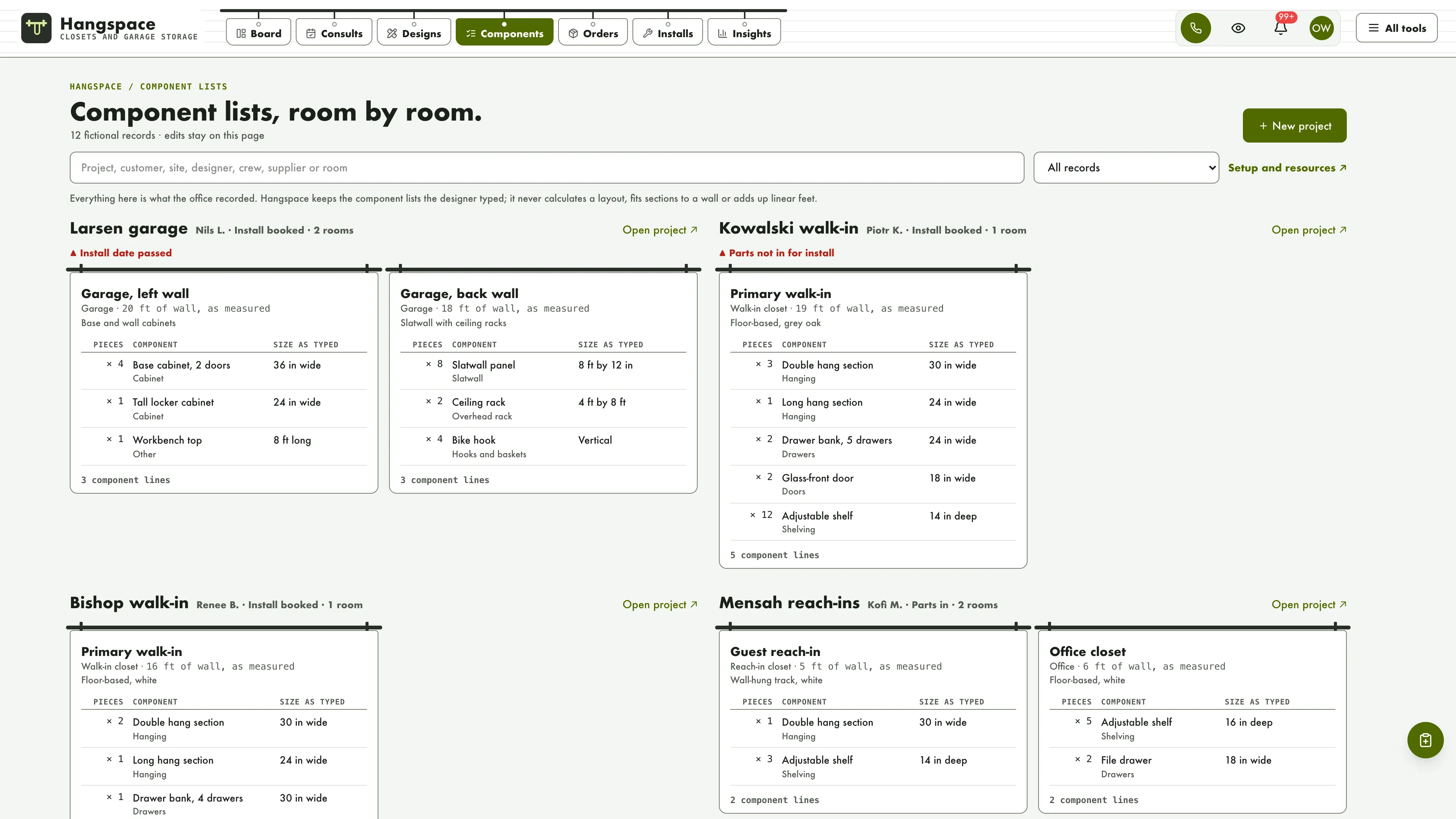 Component lists in the GoSeedly Closets & Garage Storage Kit with fictional sample records