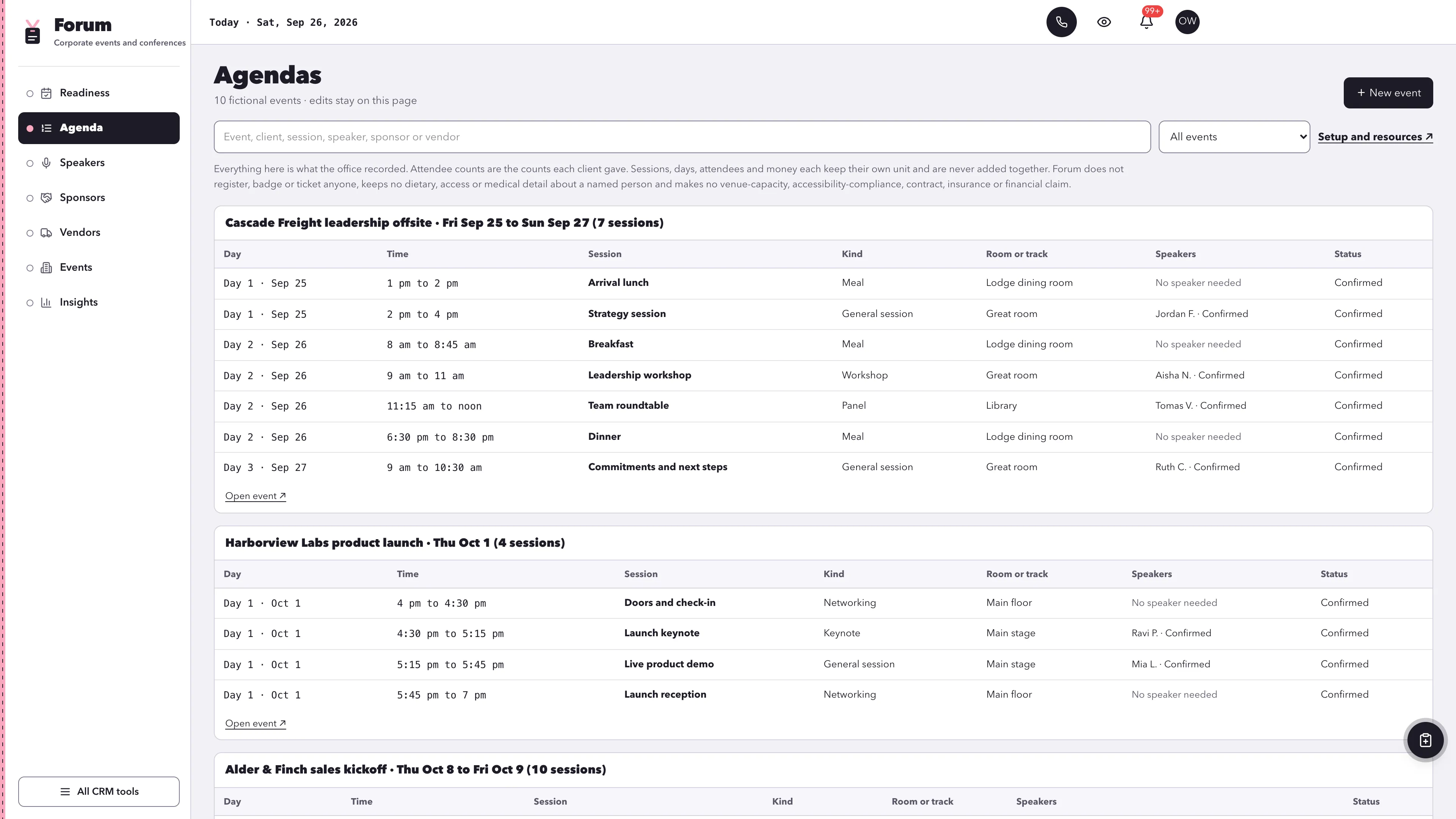 Agenda in the GoSeedly Corporate Events & Conferences Kit with fictional sample records