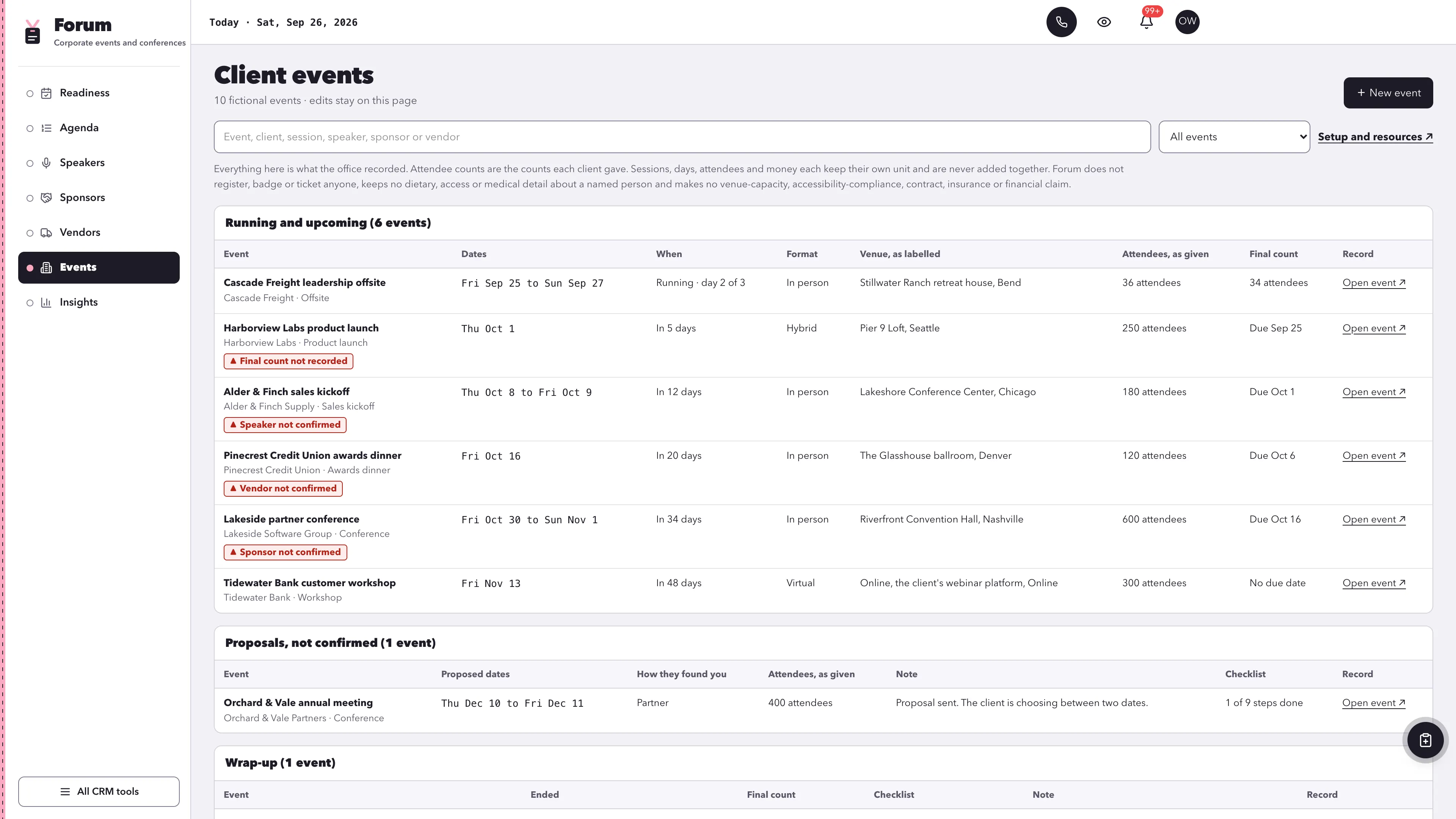 Events in the GoSeedly Corporate Events & Conferences Kit with fictional sample records
