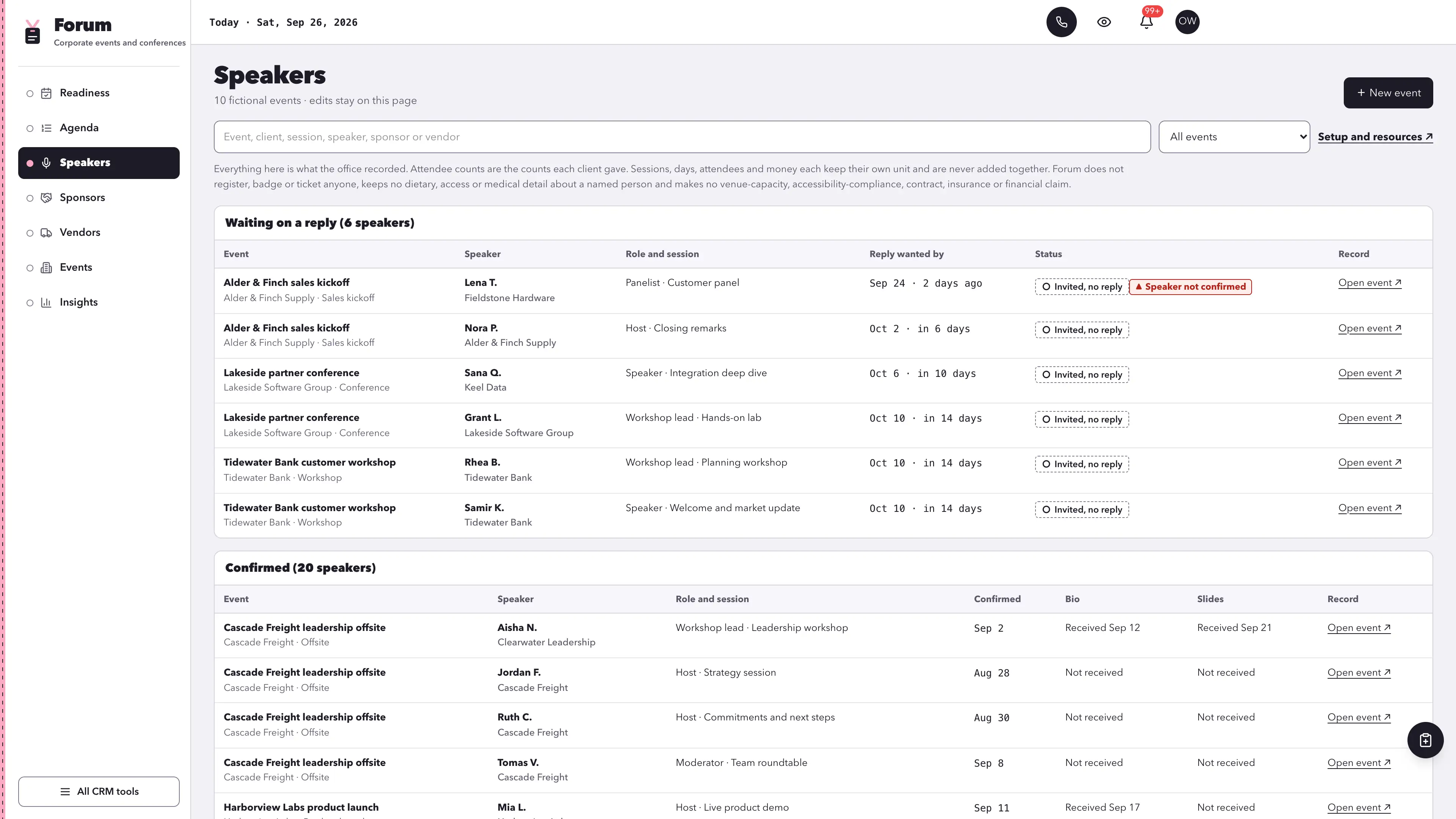 Speakers in the GoSeedly Corporate Events & Conferences Kit with fictional sample records