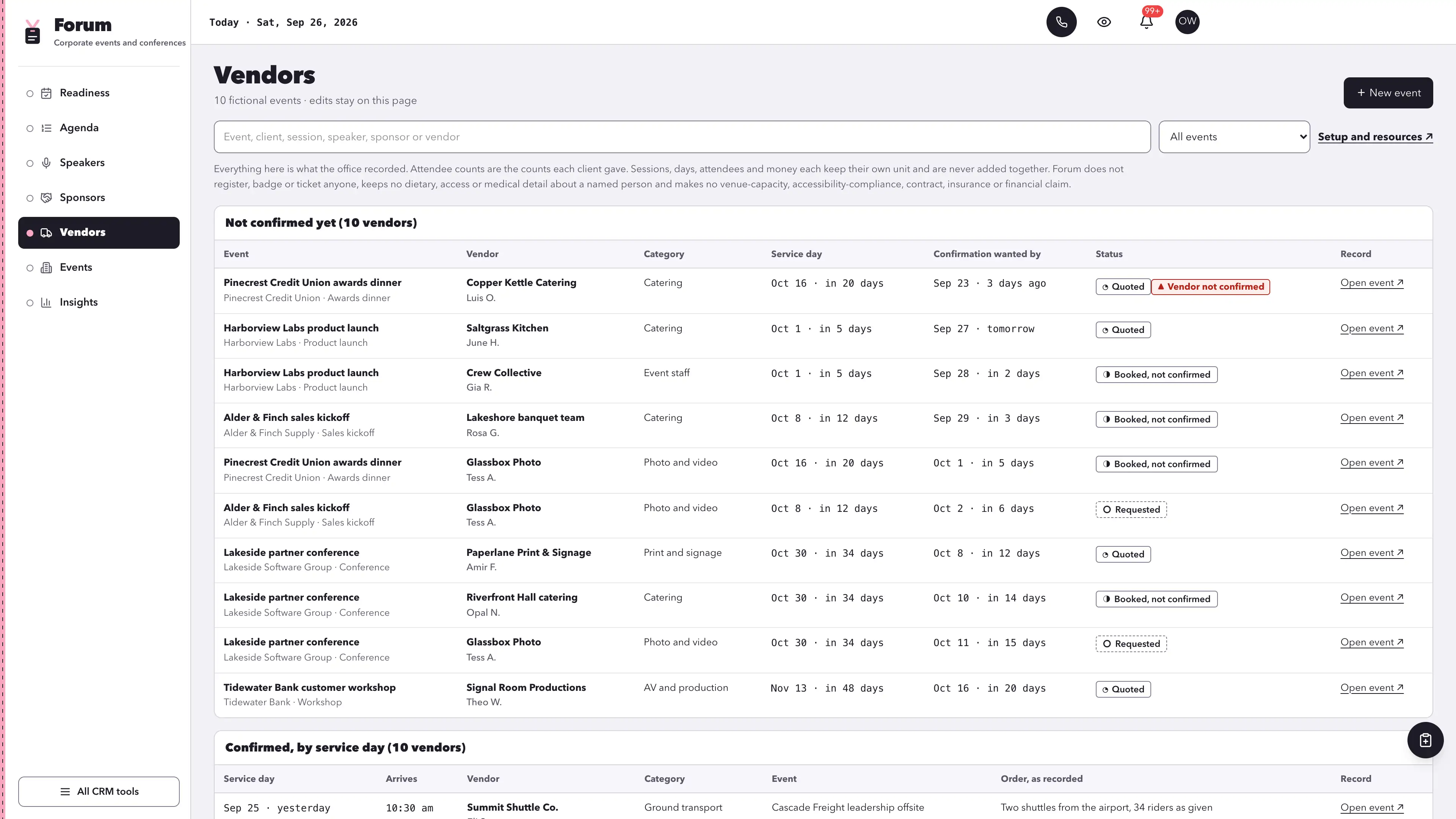 Vendors in the GoSeedly Corporate Events & Conferences Kit with fictional sample records