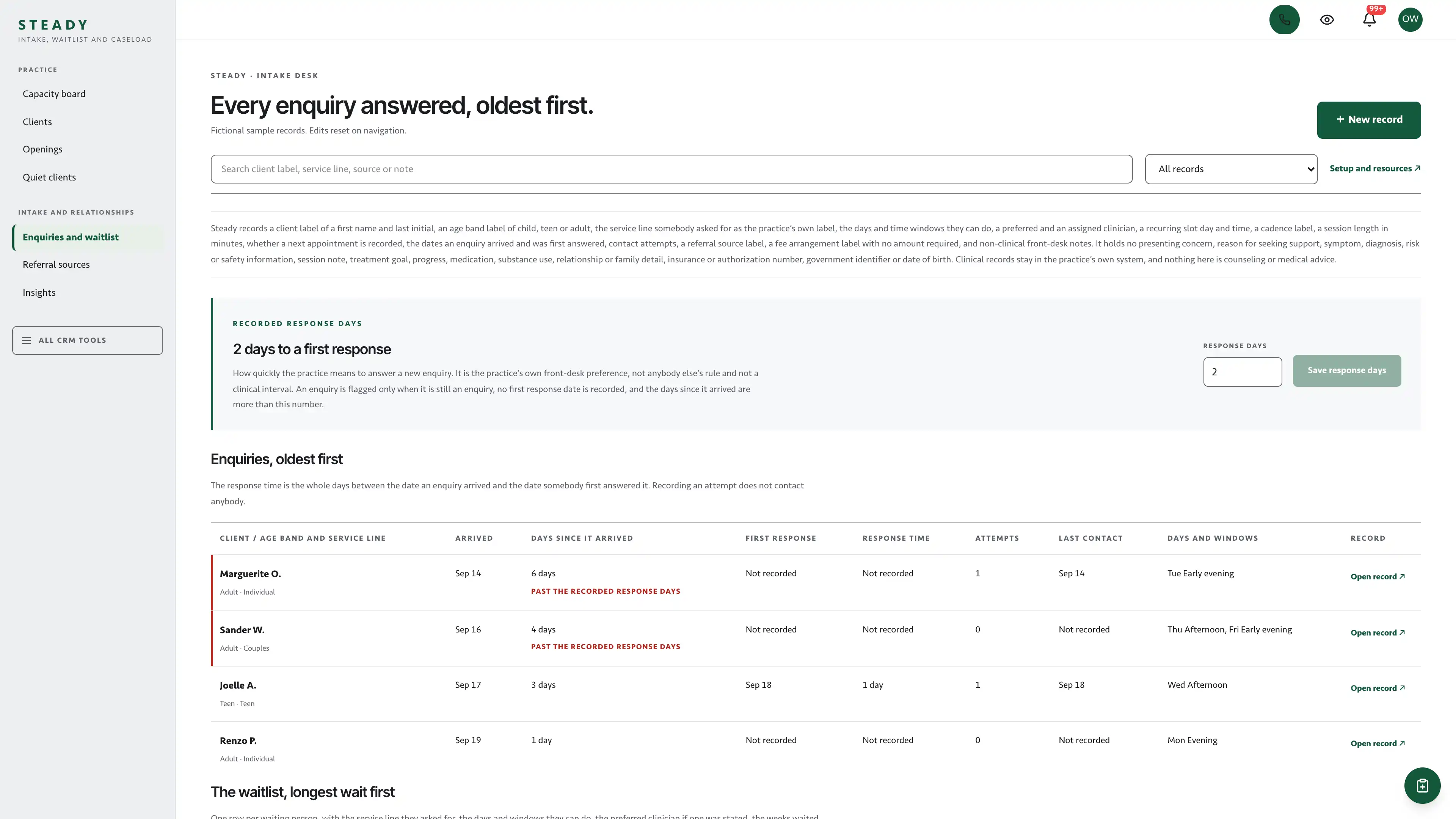 Enquiries and waitlist in the GoSeedly Counseling Practice Kit with fictional sample records