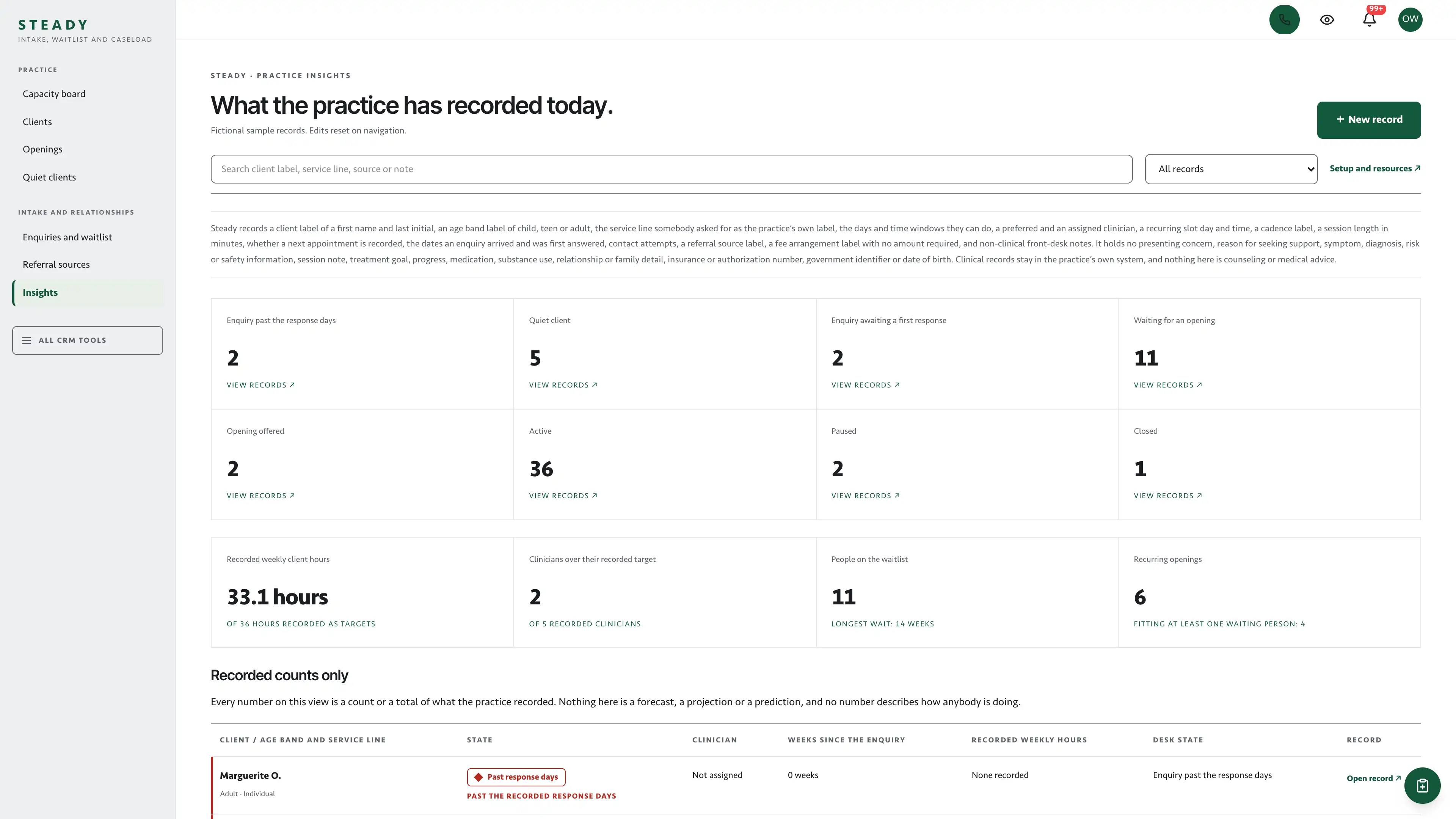 Insights in the GoSeedly Counseling Practice Kit with fictional sample records
