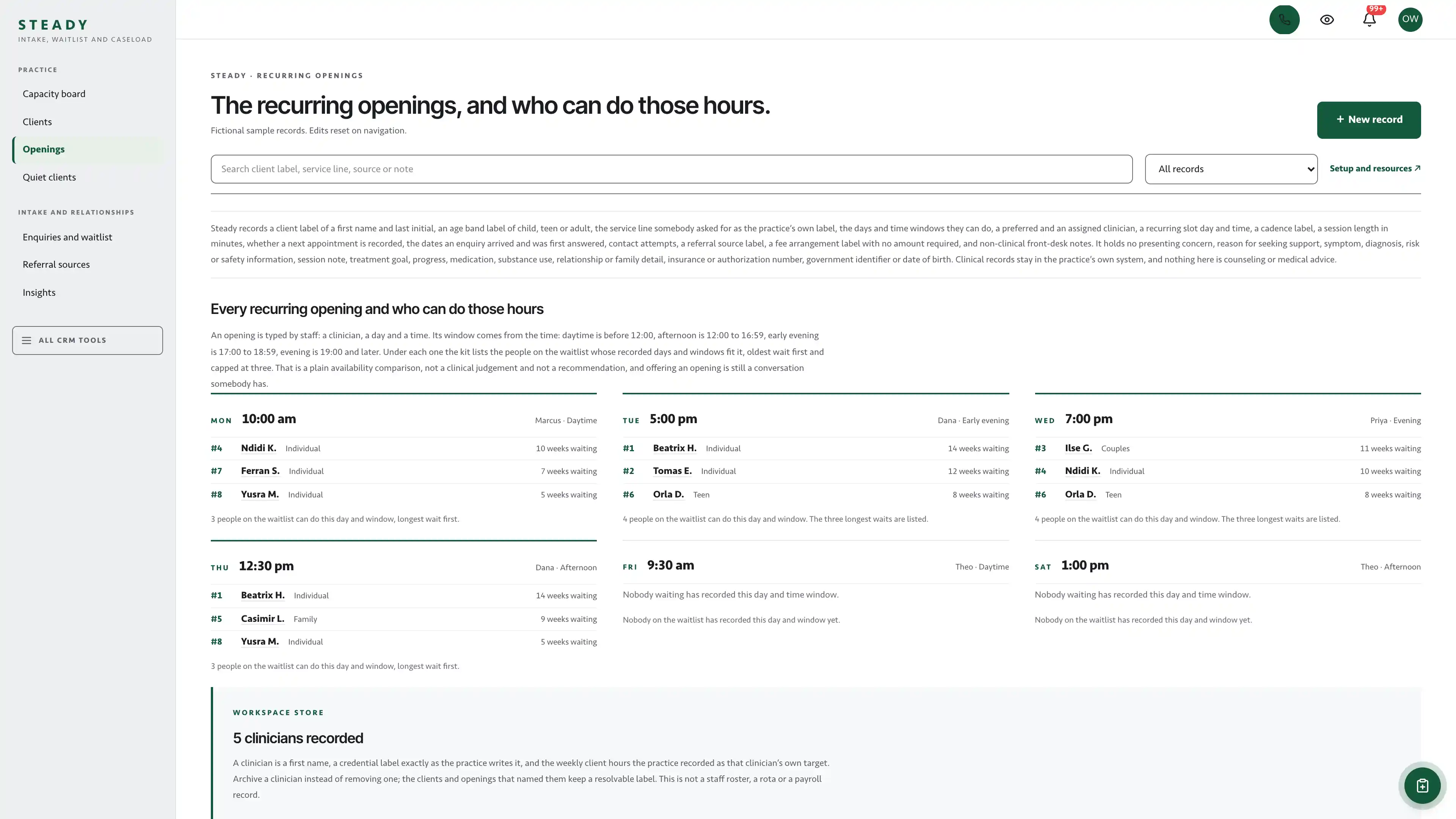 Openings in the GoSeedly Counseling Practice Kit with fictional sample records