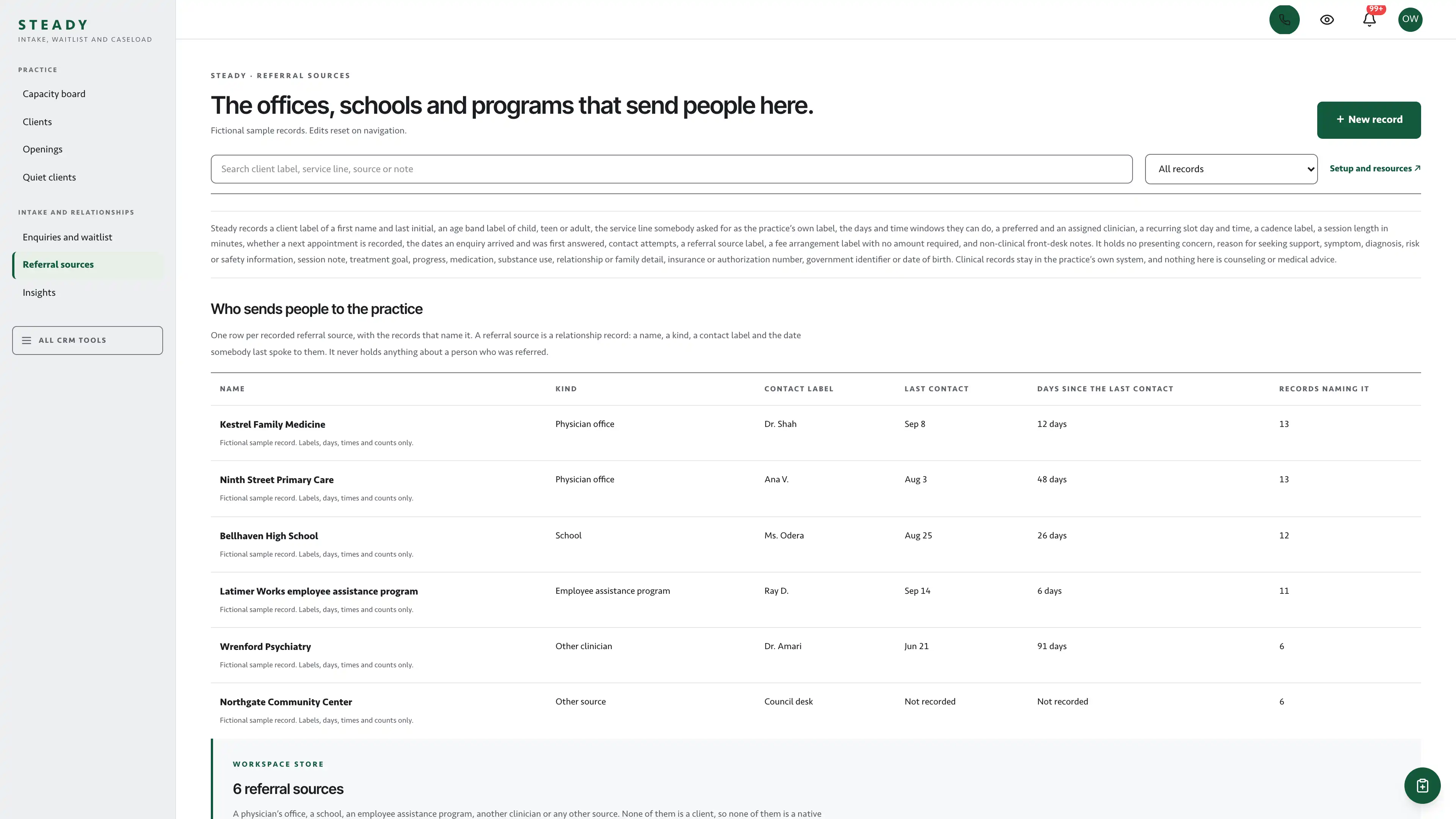 Referral sources in the GoSeedly Counseling Practice Kit with fictional sample records