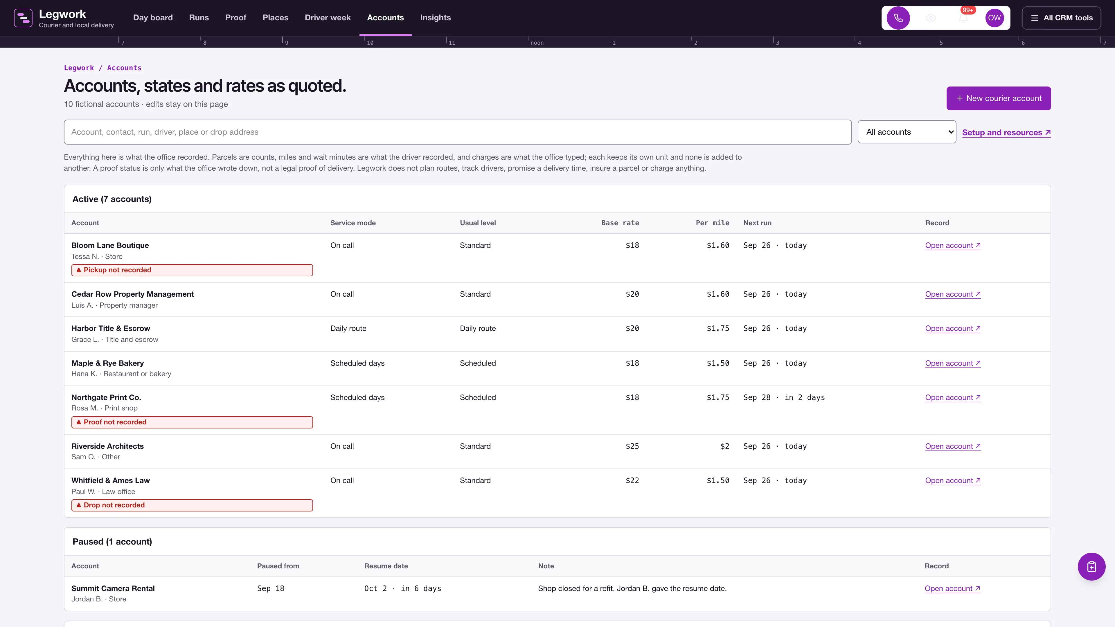 Accounts in the GoSeedly Courier & Local Delivery Kit with fictional sample records