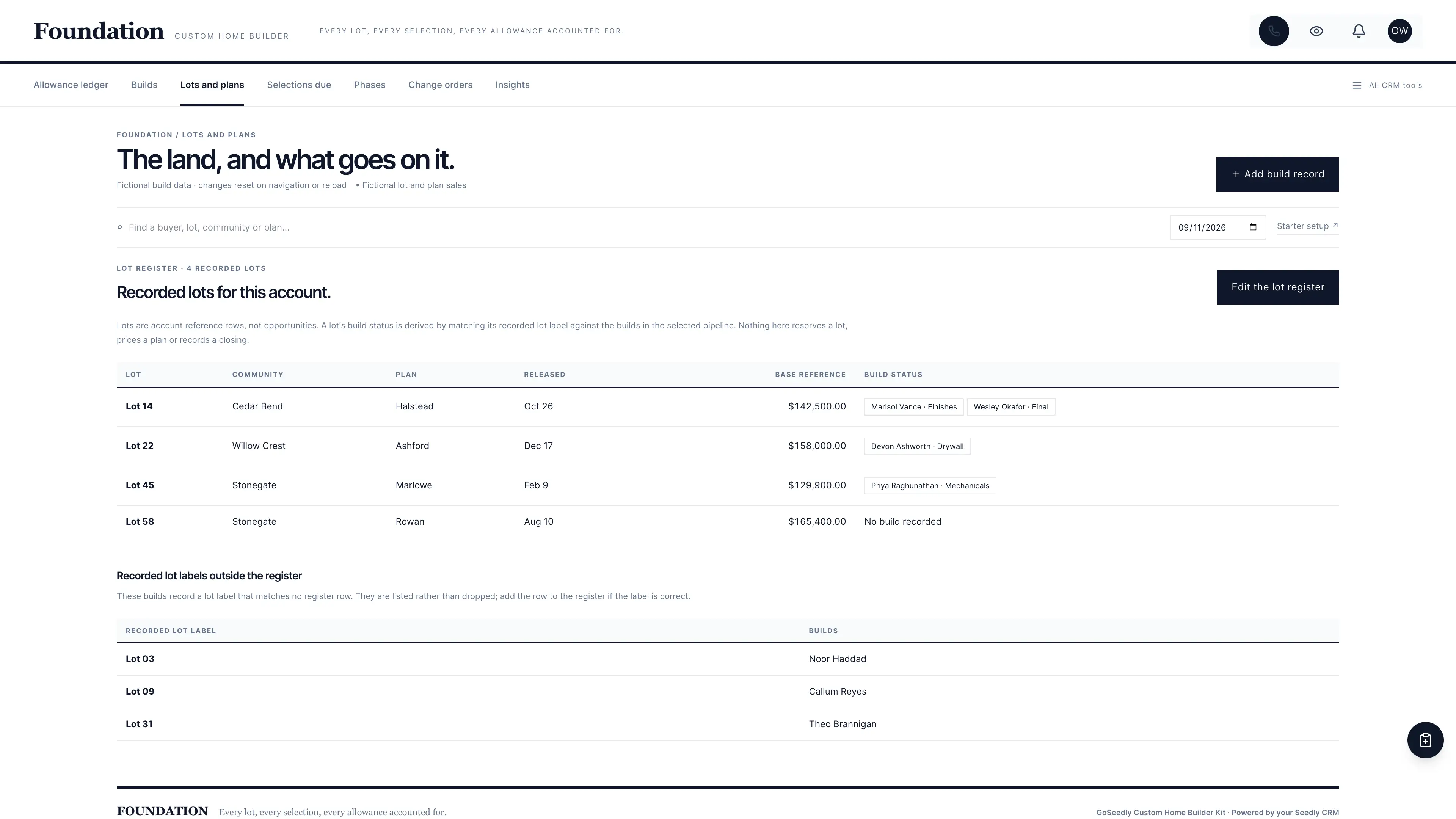 Lots and plans in the GoSeedly Custom Home Builder Kit with fictional sample records