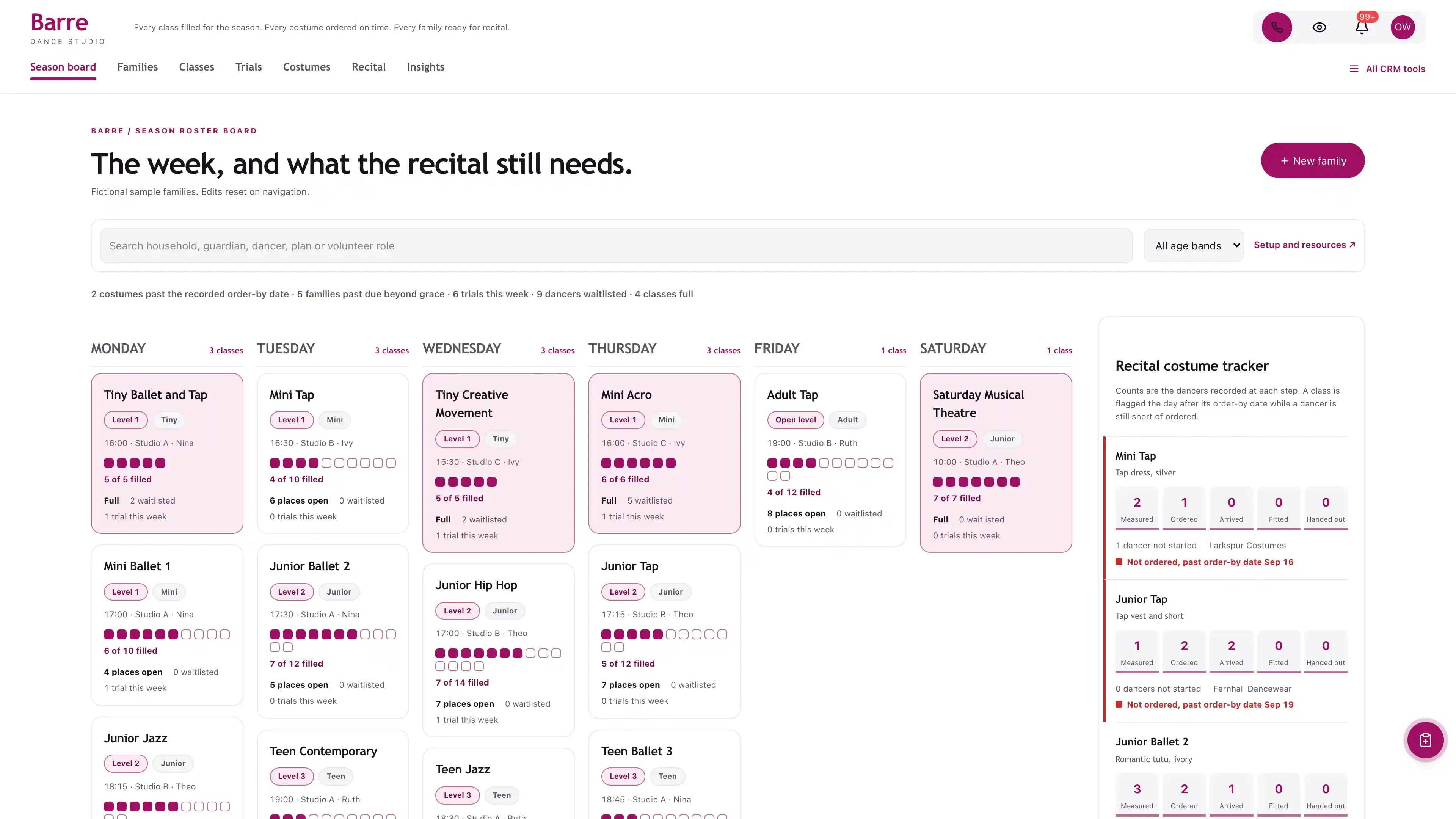 White season board of weekly class cards with magenta enrolment meters beside a five-step recital costume tracker, using fictional sample data