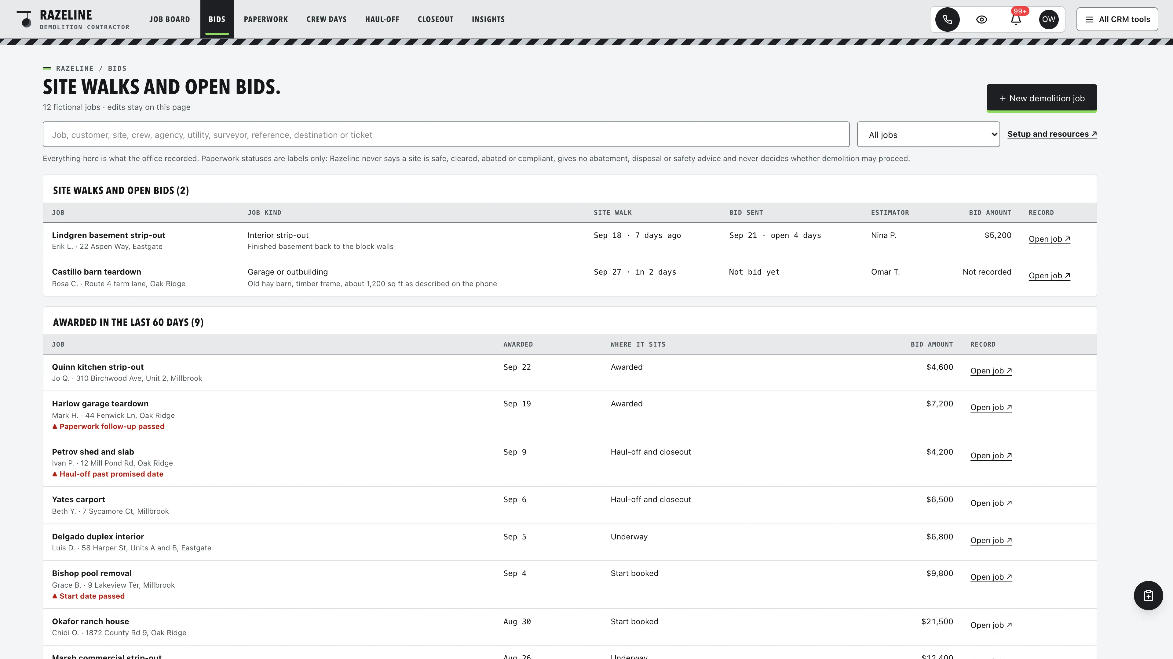 Bids in the GoSeedly Demolition Contractor Kit with fictional sample records