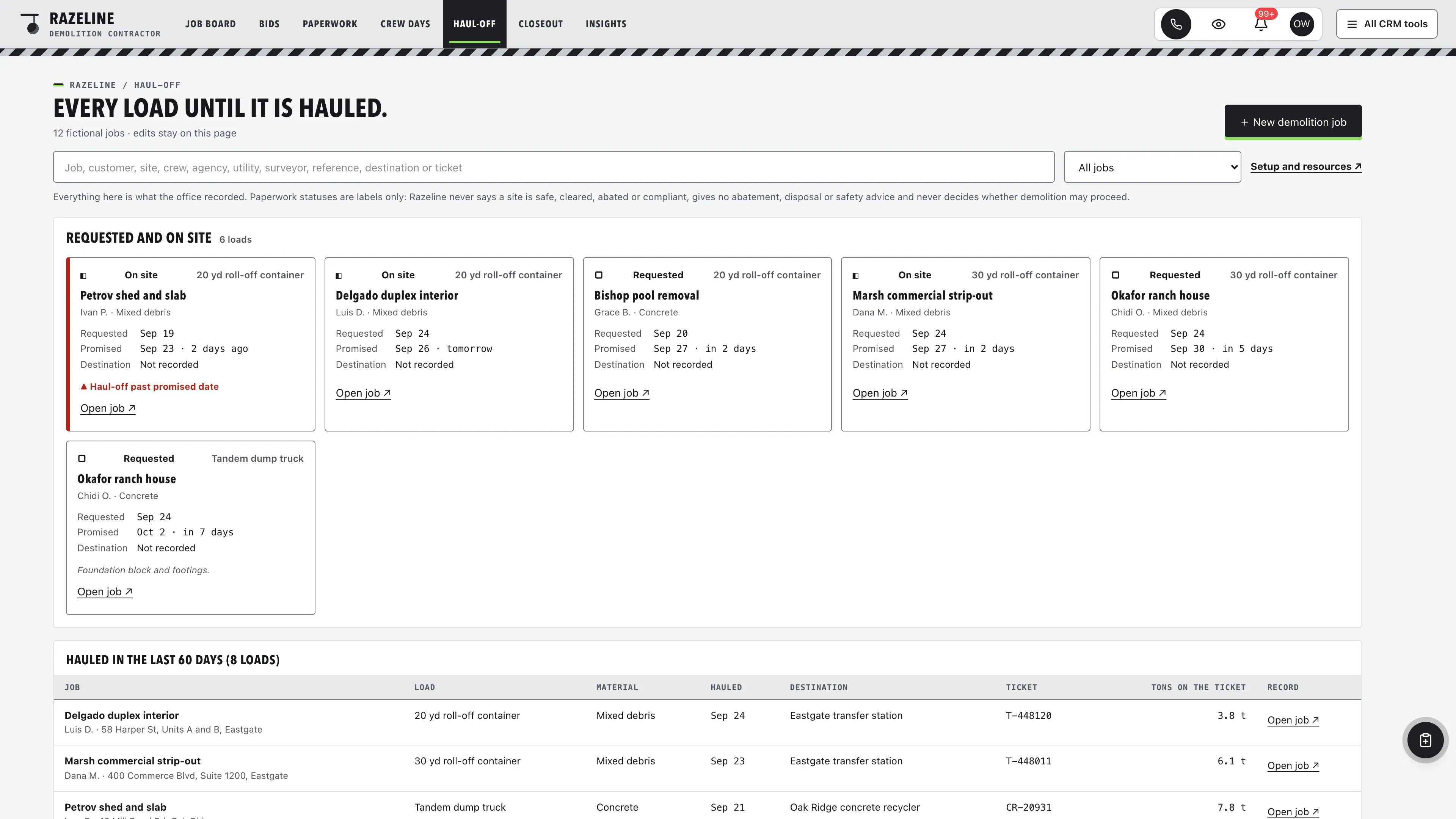Haul-off in the GoSeedly Demolition Contractor Kit with fictional sample records