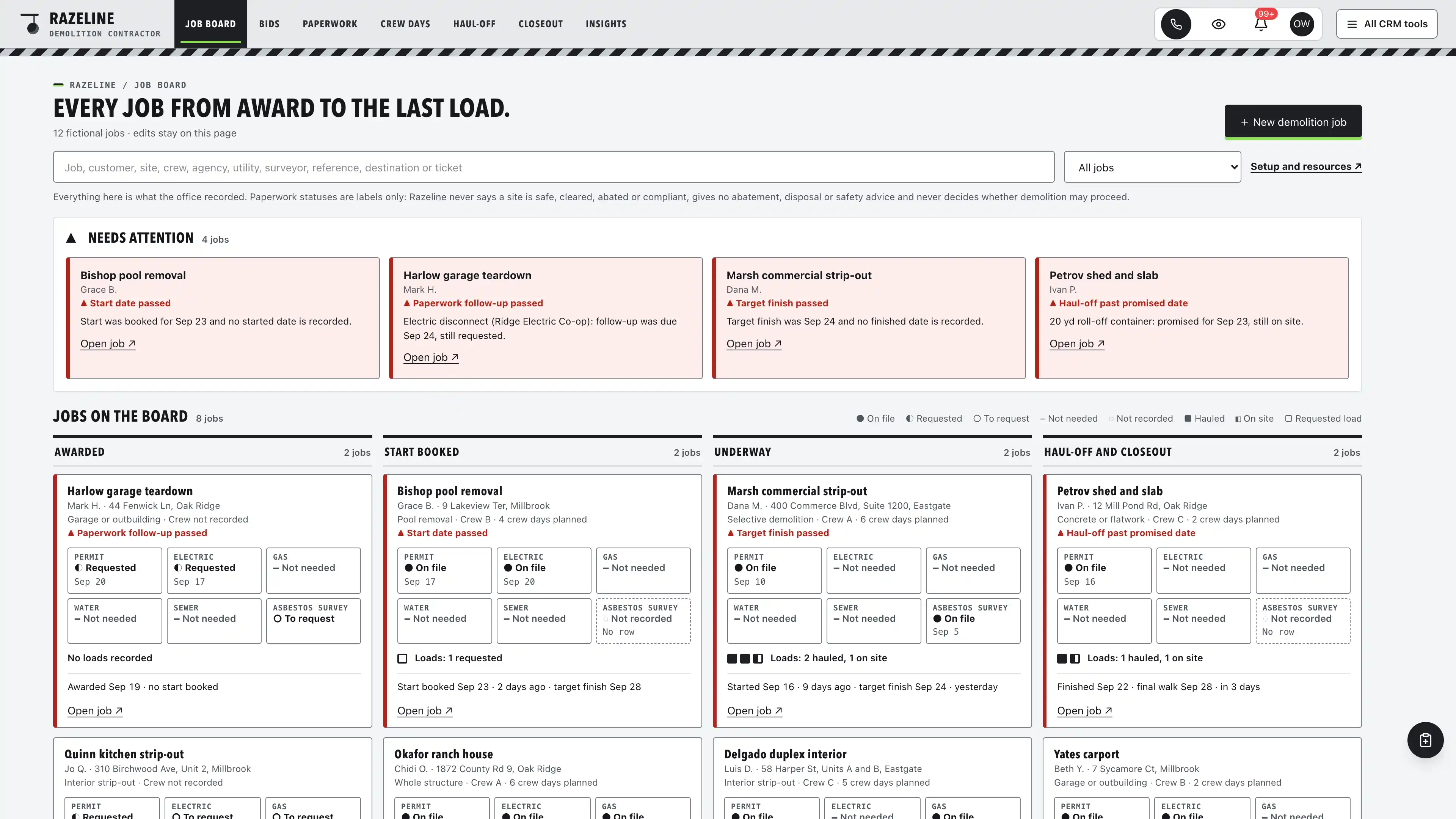 Light concrete top bar with a graphite current tab over a monochrome hatch band, beside a needs-attention strip and four docket columns of job cards, each with six paperwork tags for permit, electric, gas, water, sewer and asbestos survey status as recorded and square load pips, using fictional sample data