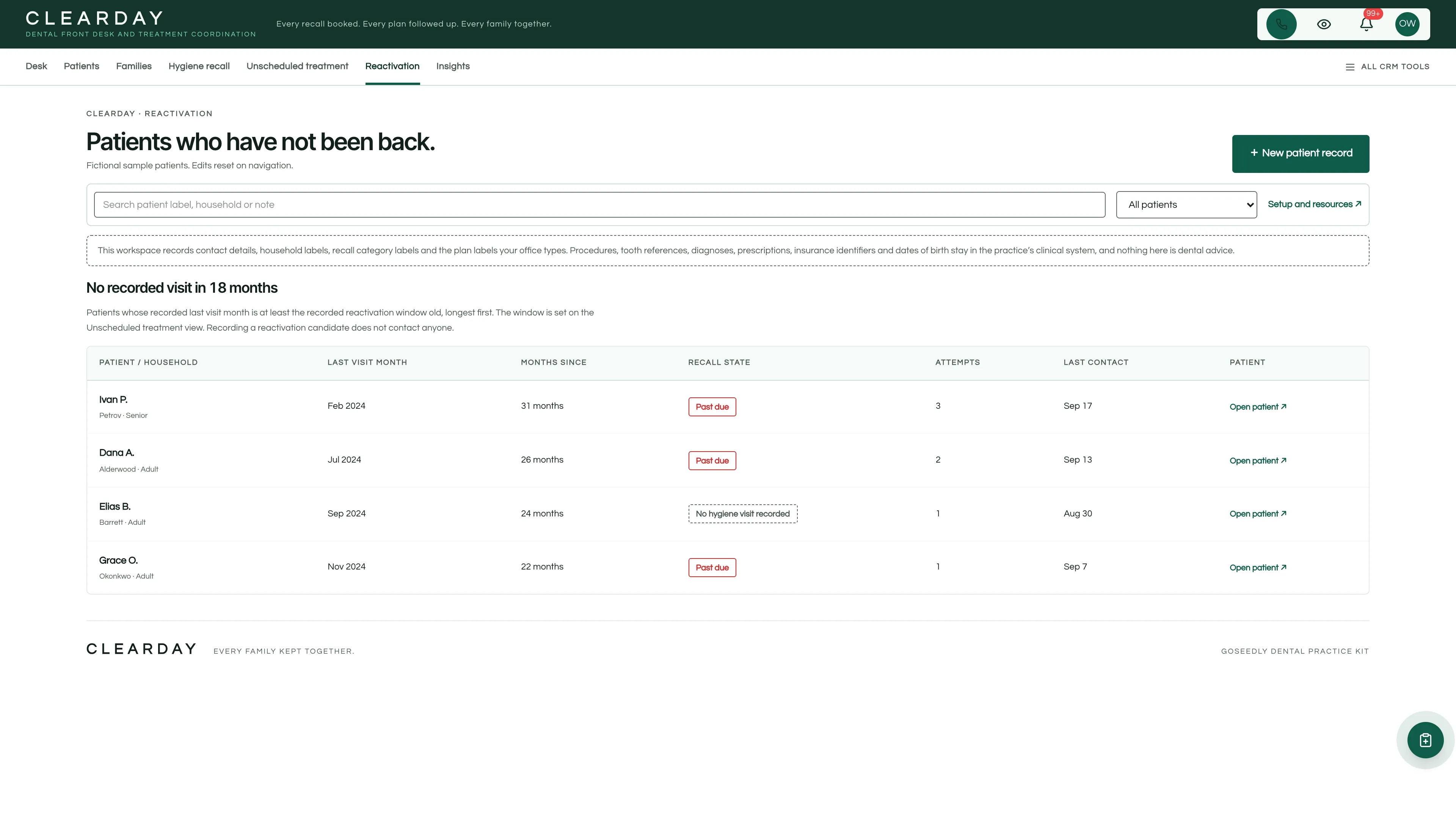 Reactivation in the GoSeedly Dental Practice Kit with fictional sample records