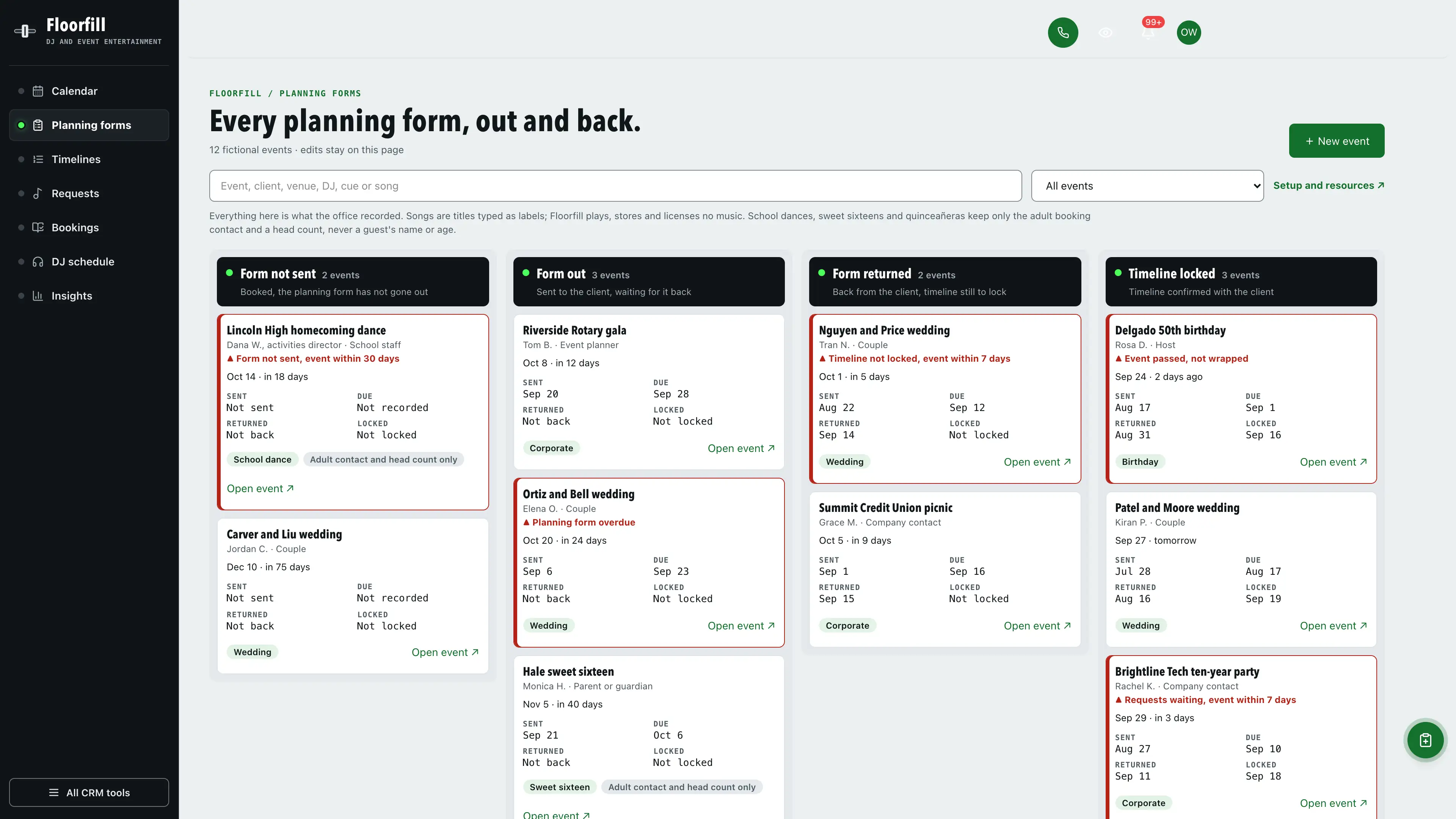 Planning forms in the GoSeedly DJ & Event Entertainment Kit with fictional sample records