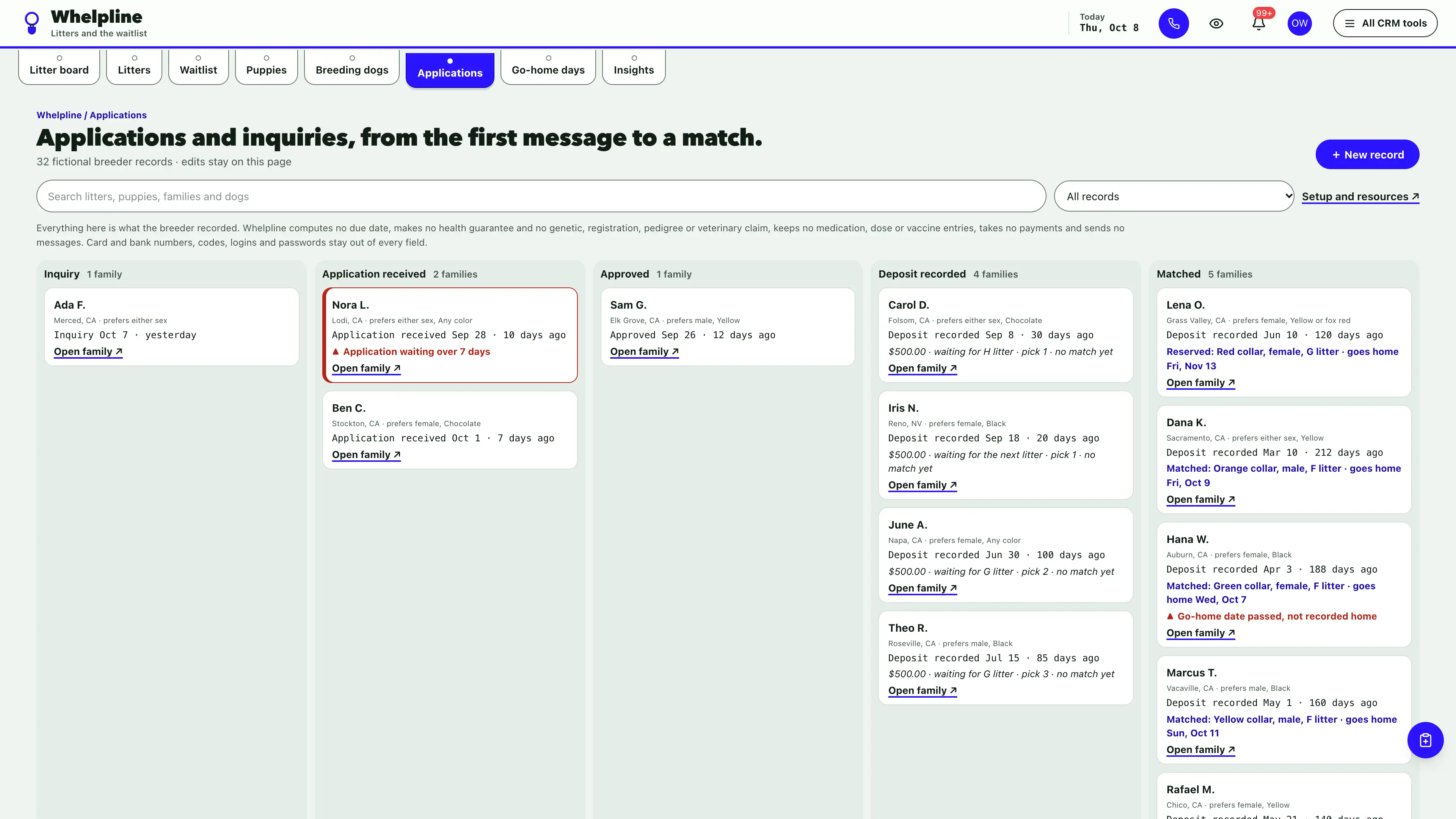 Applications in the GoSeedly Dog Breeder Kit with fictional sample records