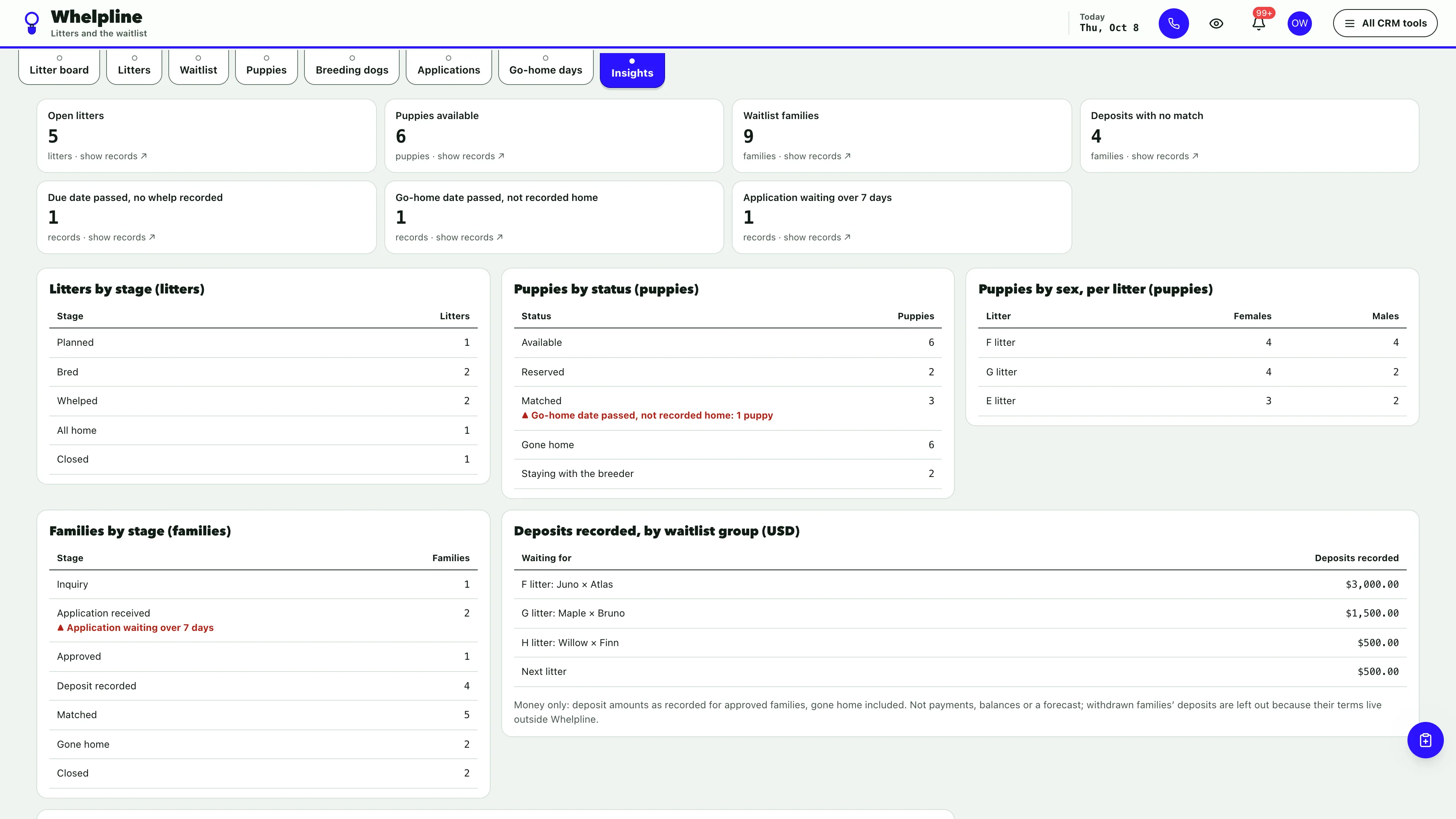Insights in the GoSeedly Dog Breeder Kit with fictional sample records
