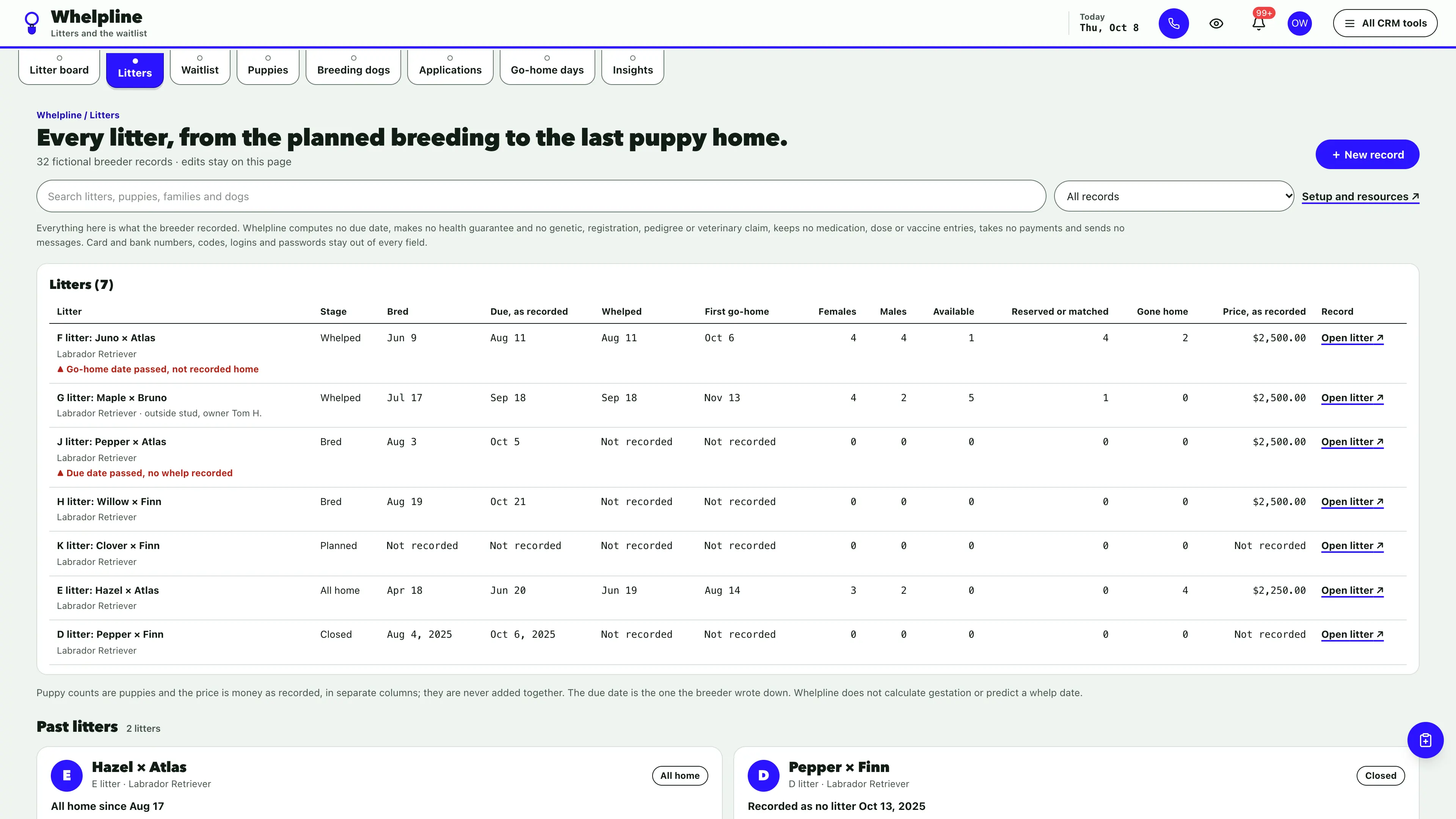 Litters in the GoSeedly Dog Breeder Kit with fictional sample records