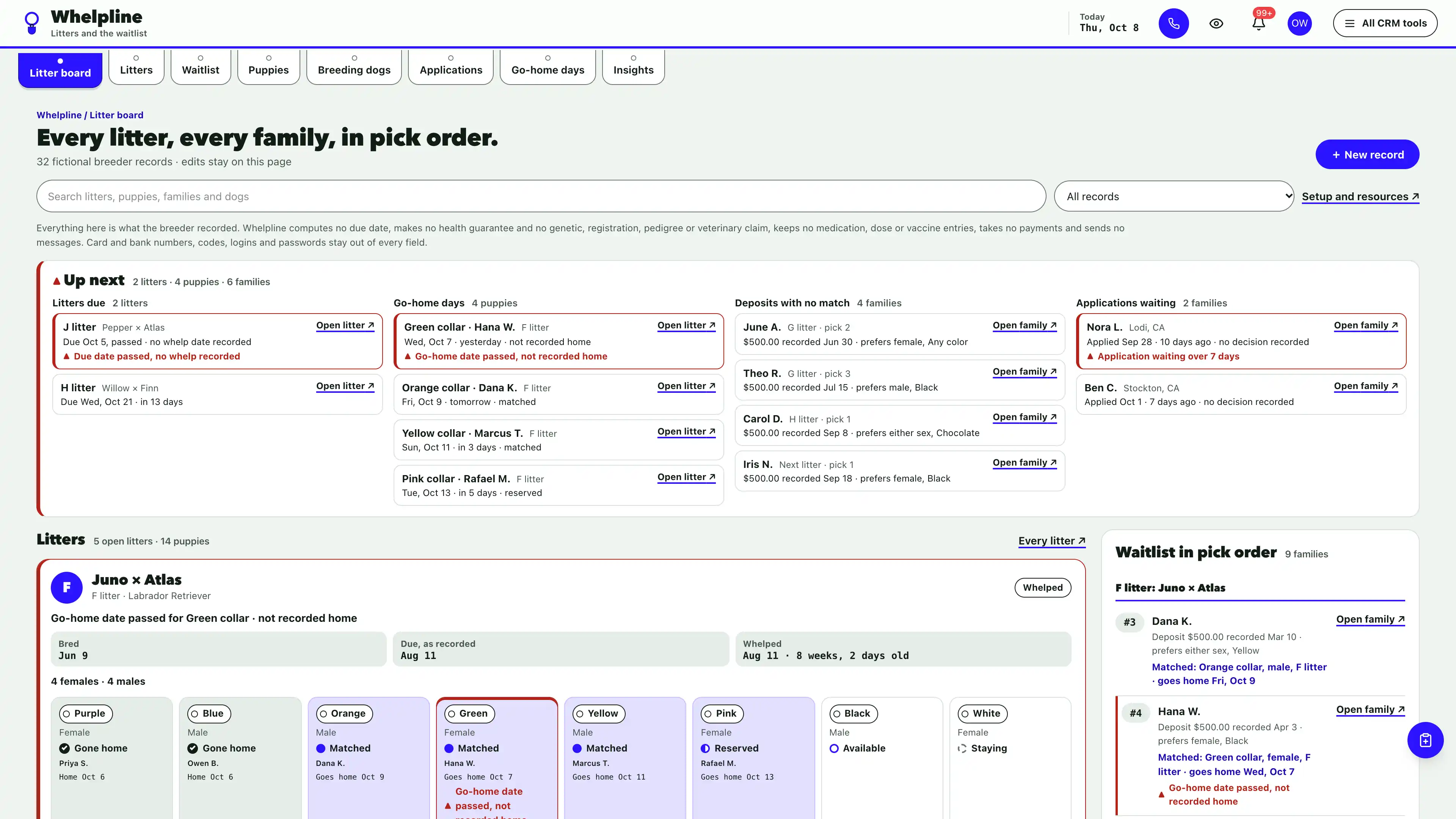 Litter board in the GoSeedly Dog Breeder Kit with fictional sample records