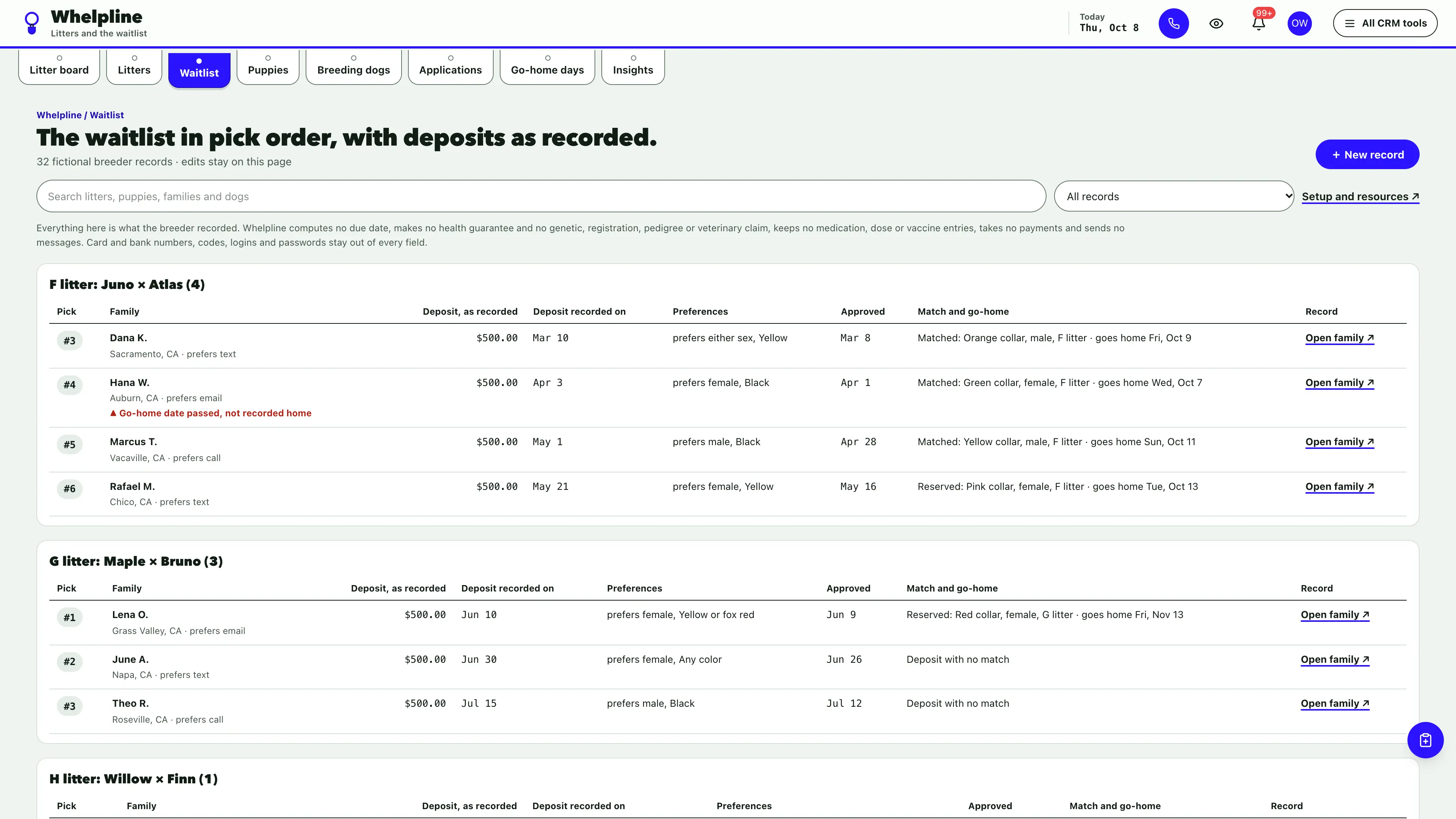 Waitlist in the GoSeedly Dog Breeder Kit with fictional sample records