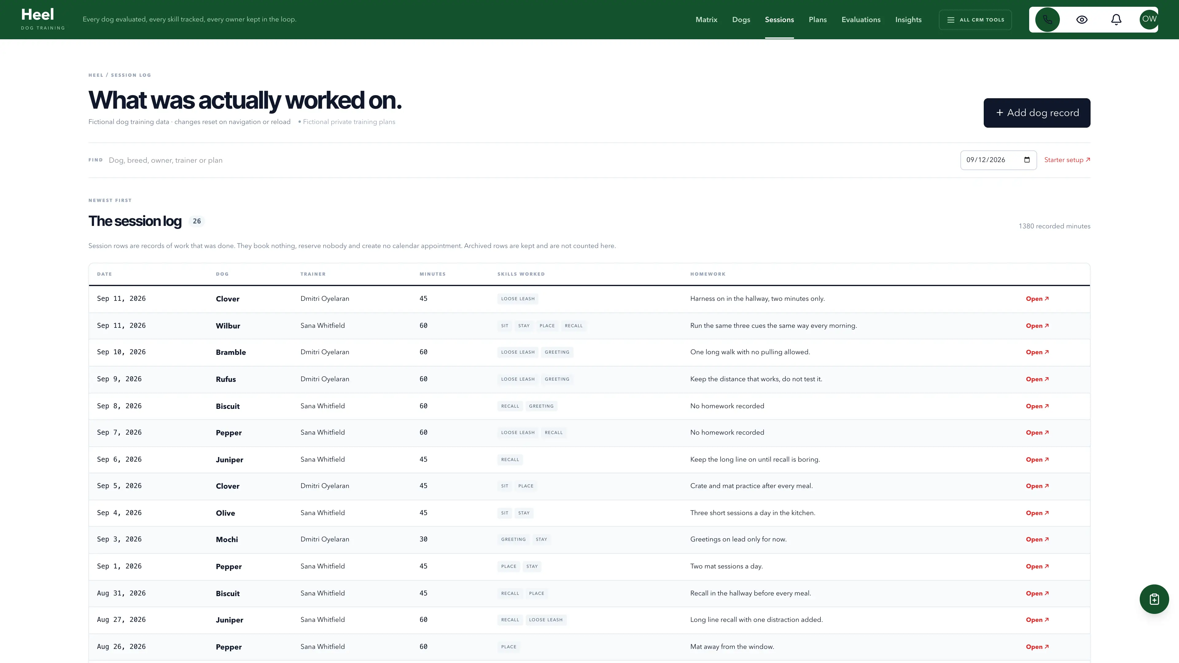 Session log in the GoSeedly Dog Trainer Kit with fictional sample records