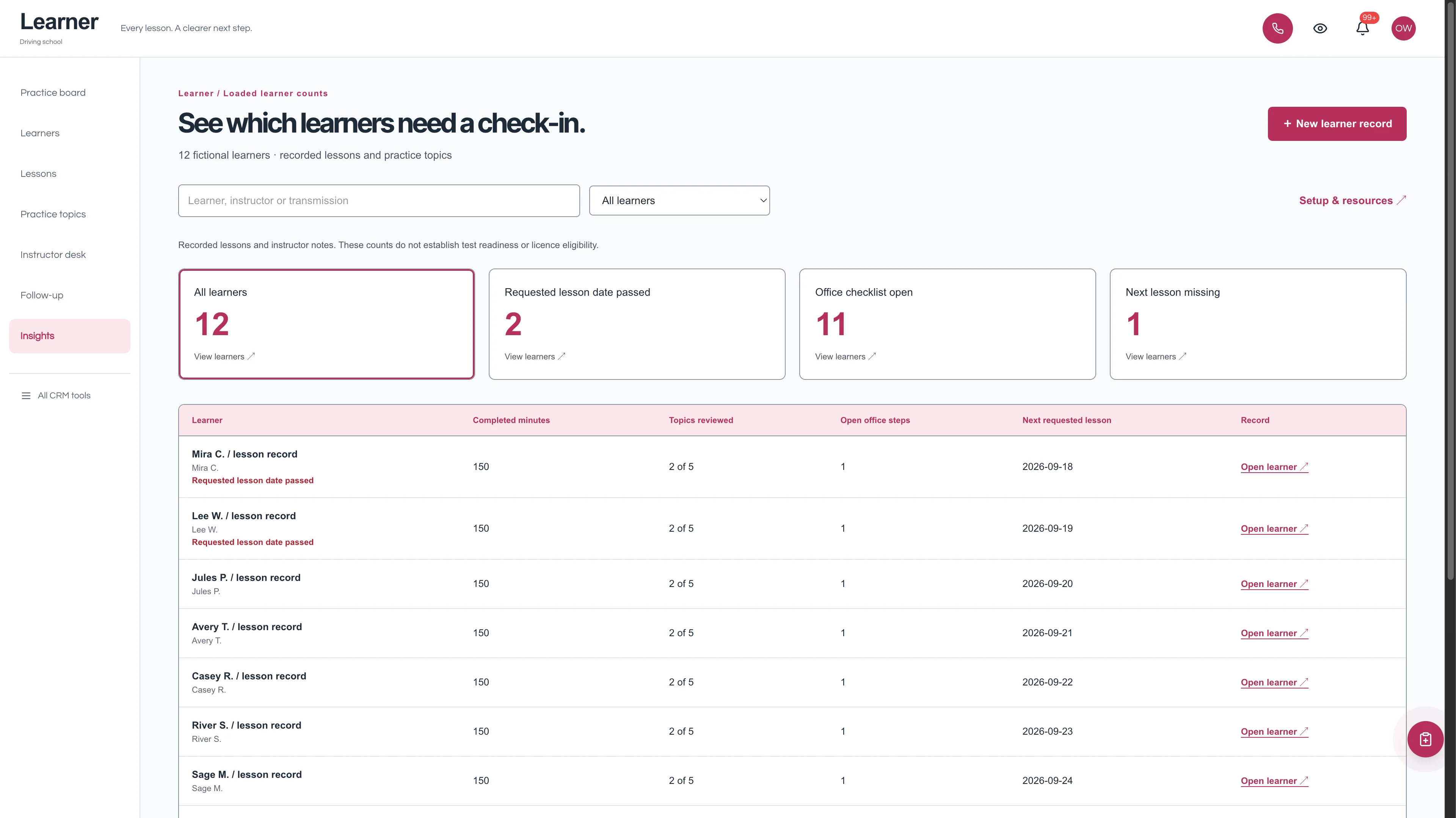 Insights in the GoSeedly Driving School Kit with fictional sample records