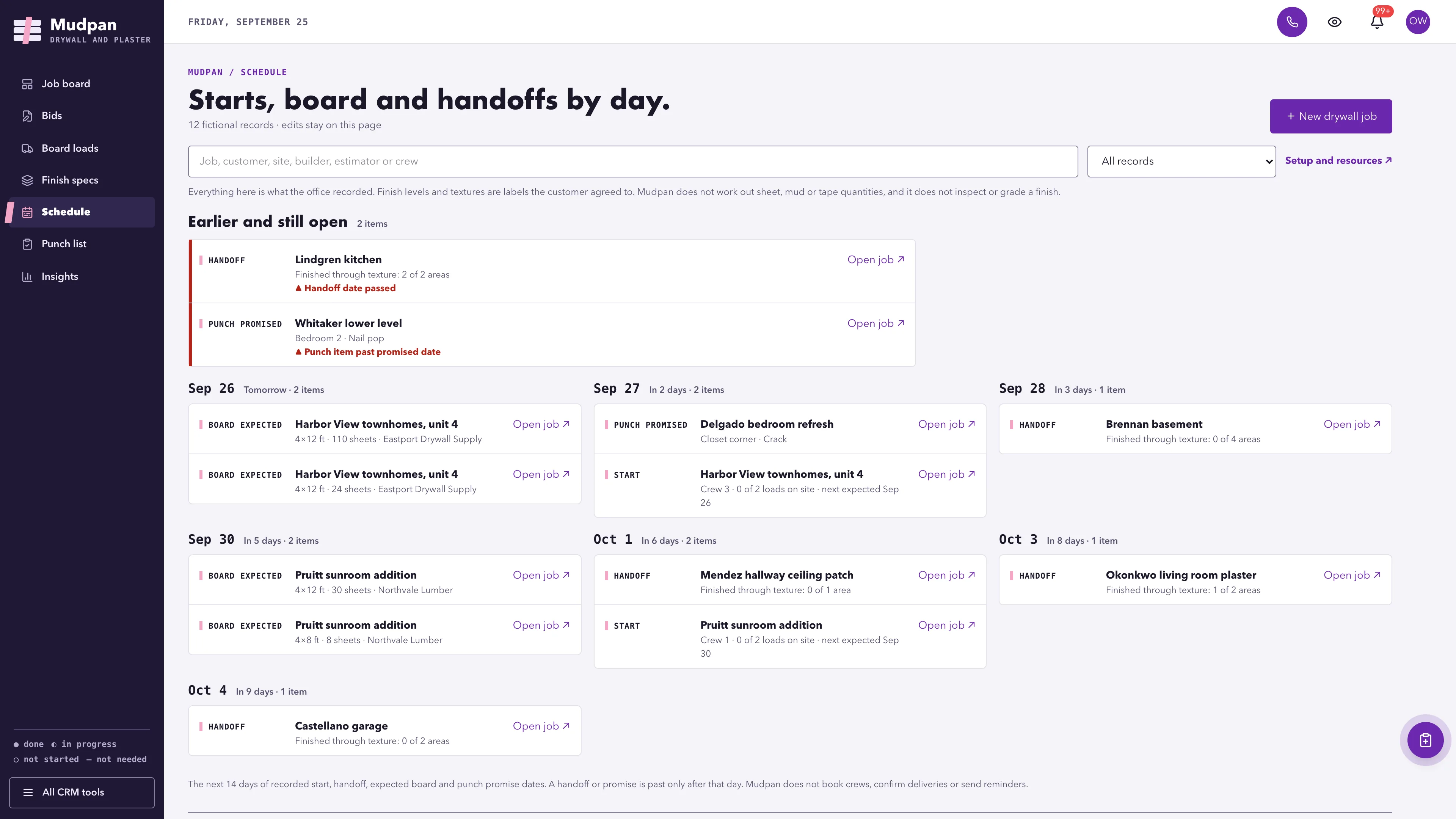 Schedule in the GoSeedly Drywall & Plaster Kit with fictional sample records