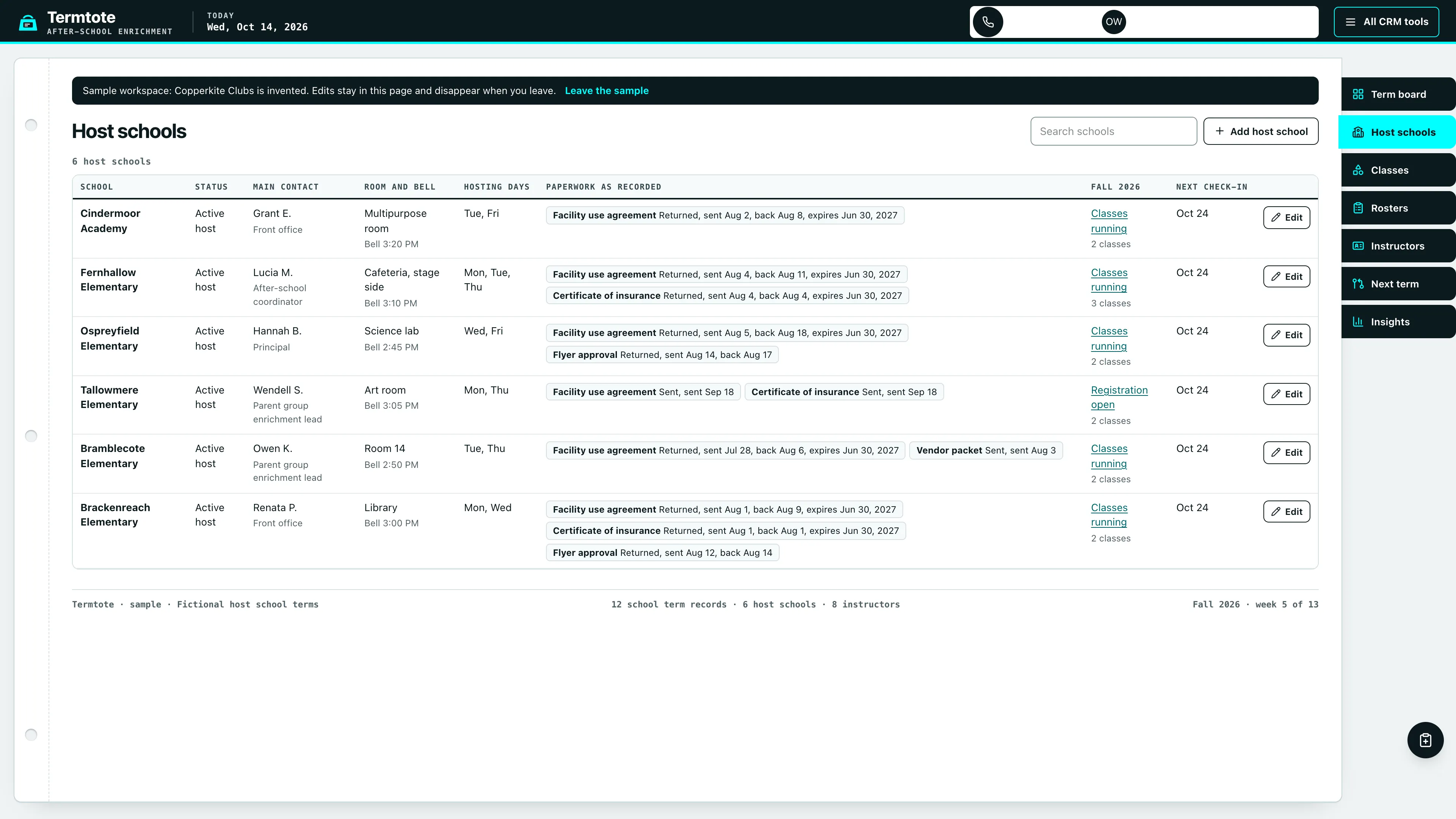 Host schools in the GoSeedly After-School Enrichment Provider Kit with fictional sample records