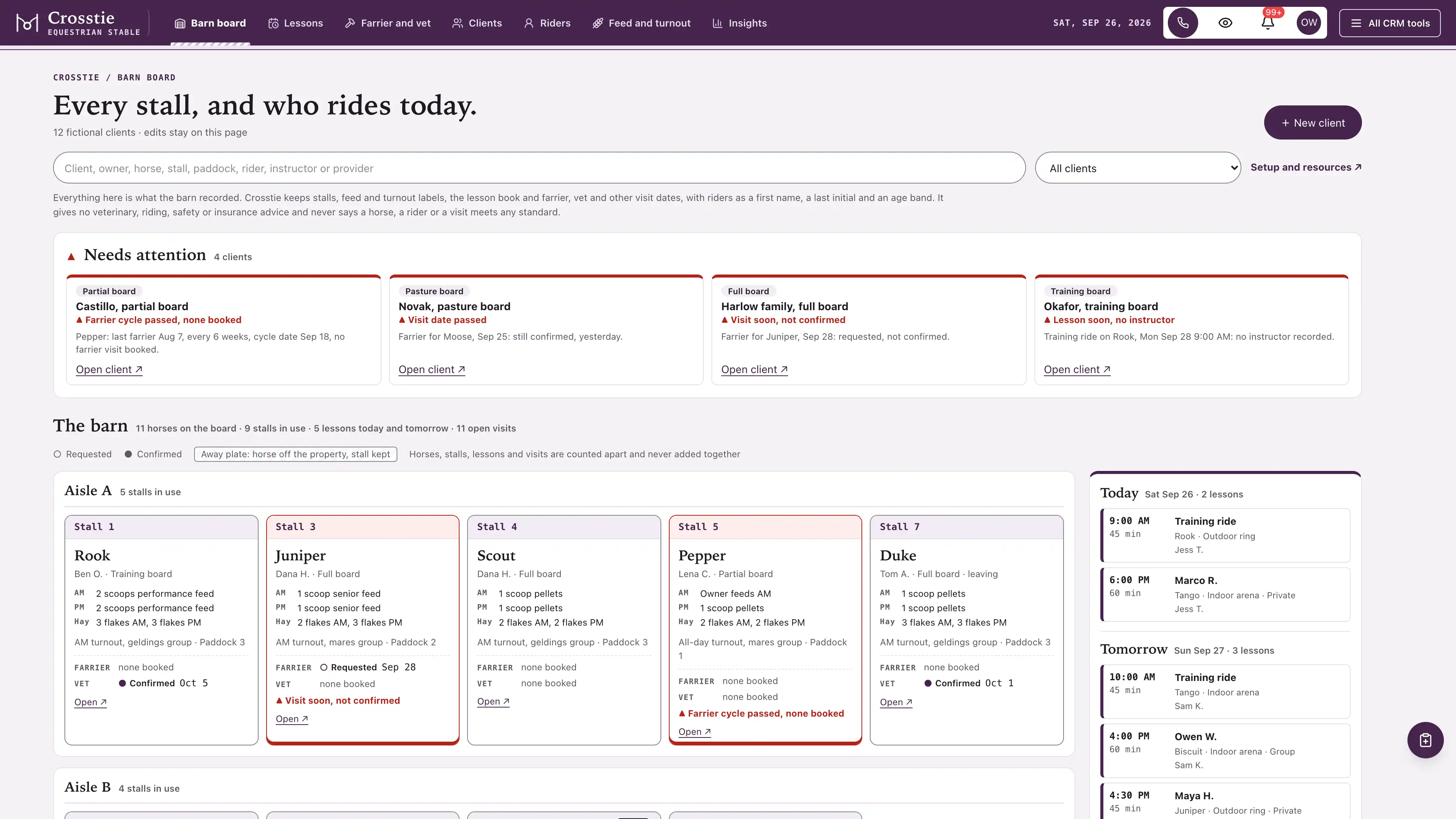 Damson top bar with rope-underlined tabs and a crosstie mark over a needs-attention strip of four barn clients, an aisle of stall cards with feed, hay, turnout and next farrier and vet visits, and a lesson book for today and tomorrow, alerts flagged in red, using fictional sample data