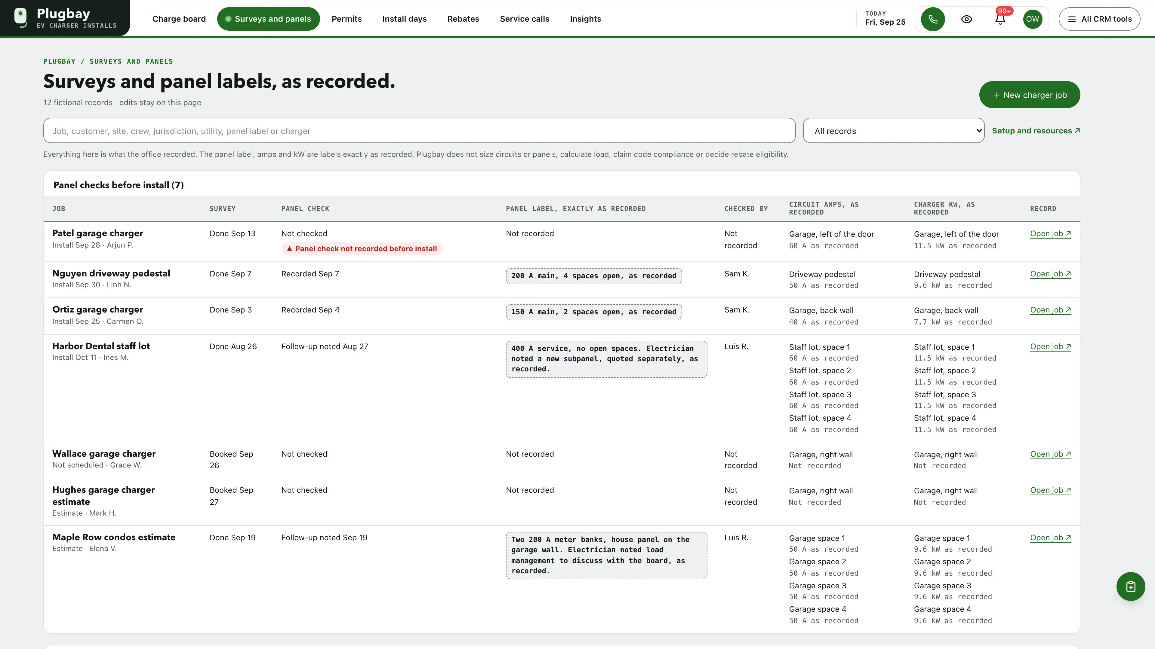 Surveys and panels in the GoSeedly EV Charger Installer Kit with fictional sample records