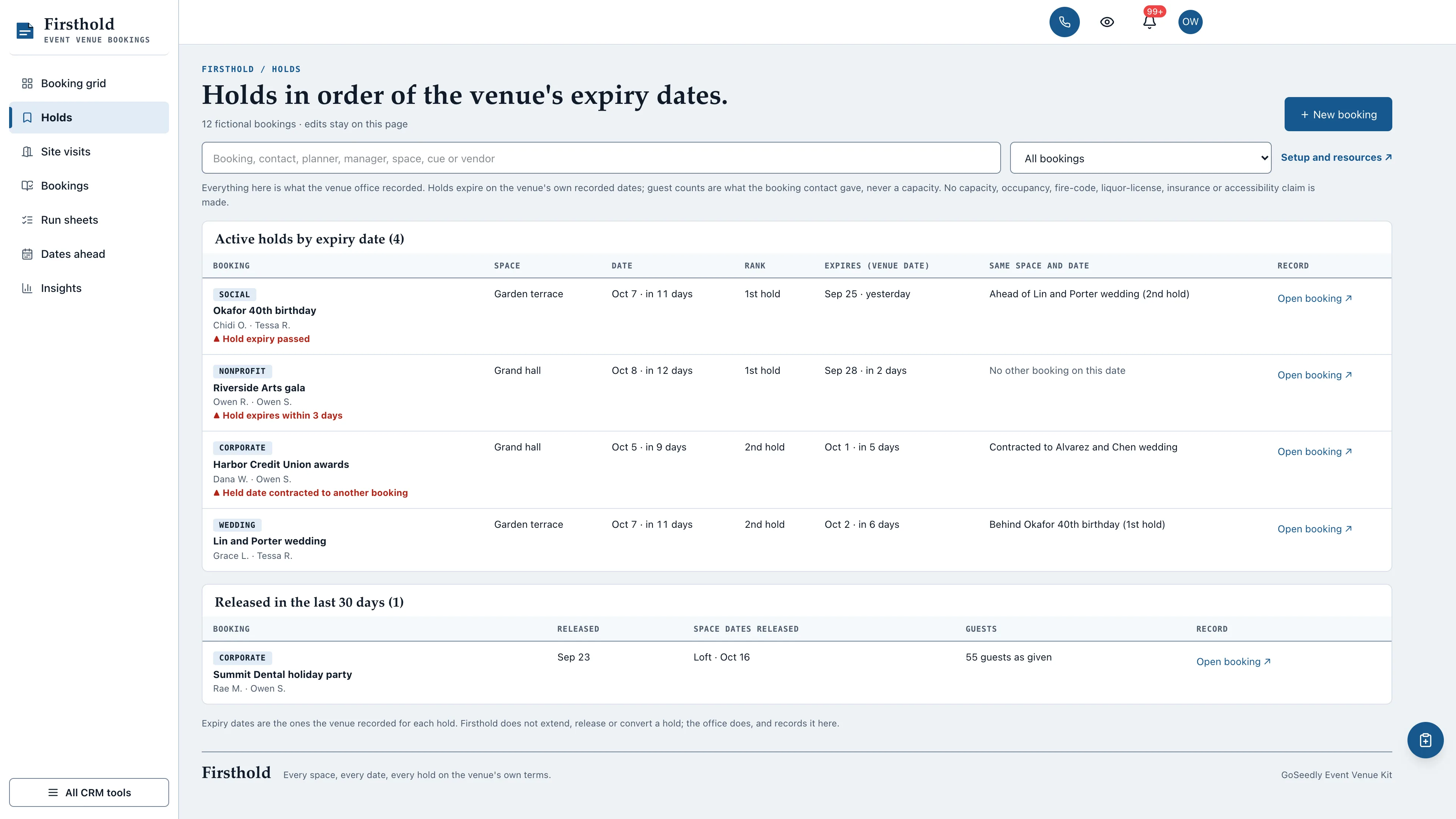 Holds in the GoSeedly Event Venue Kit with fictional sample records