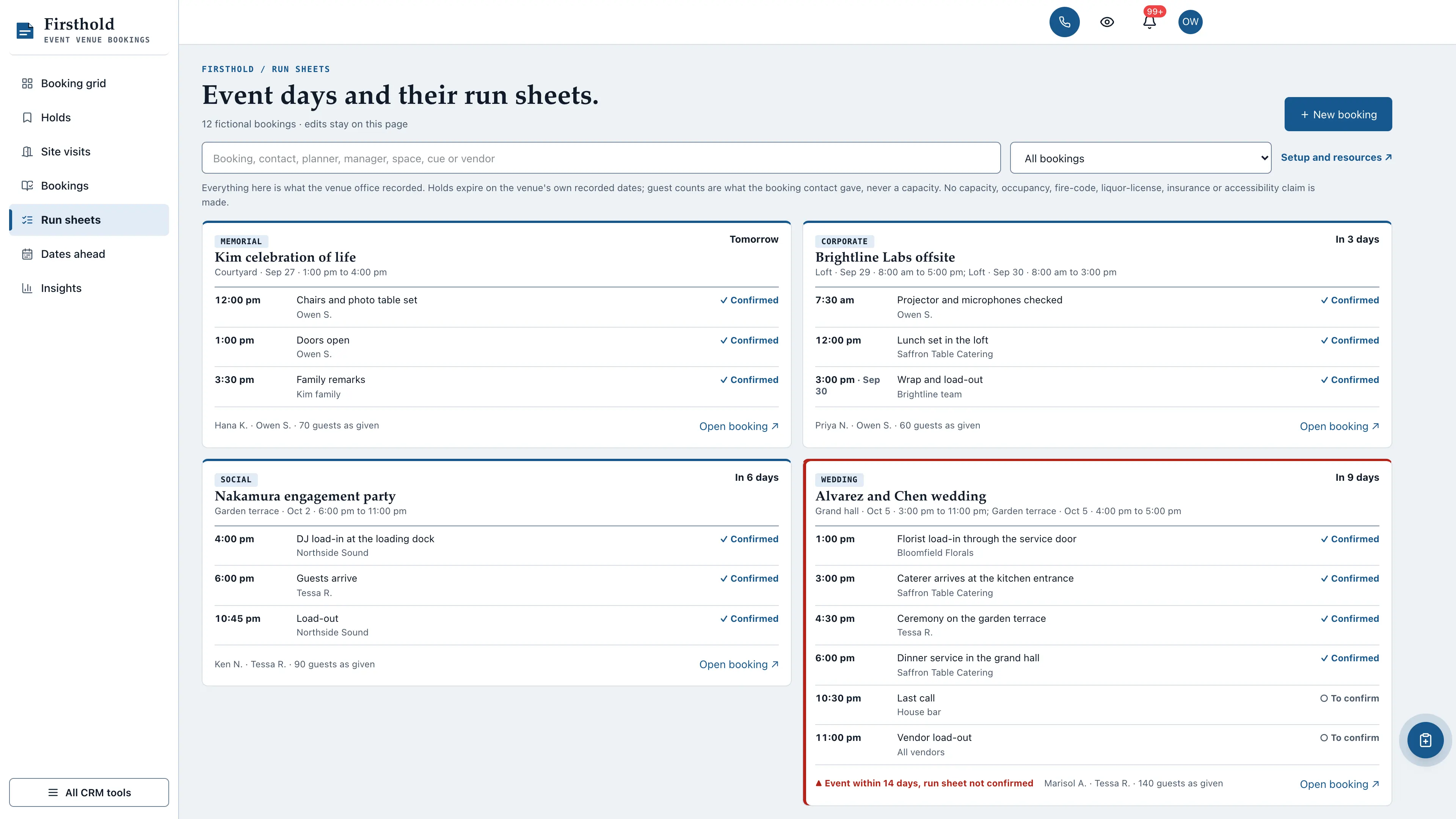 Run sheets in the GoSeedly Event Venue Kit with fictional sample records