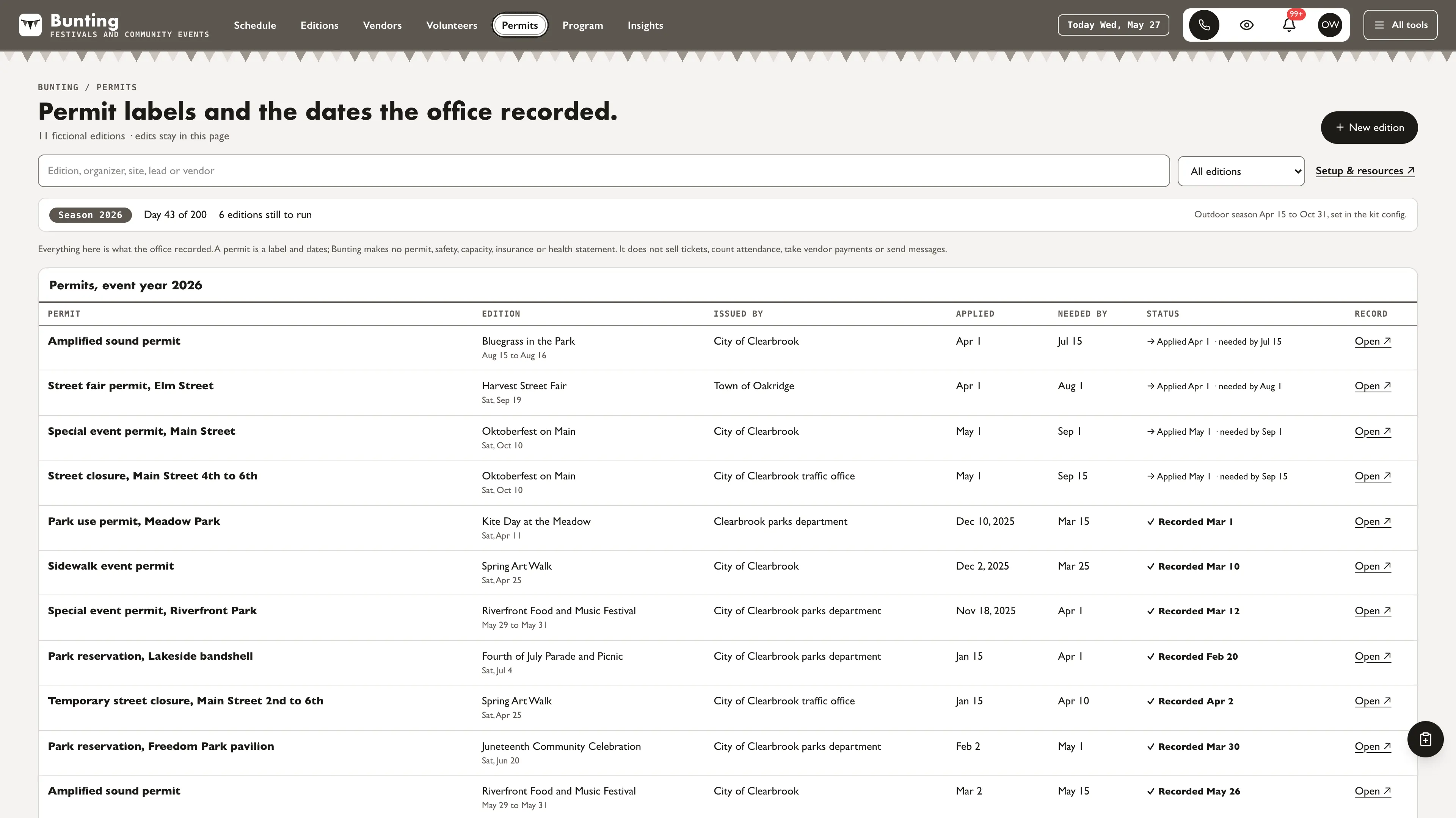 Permits in the GoSeedly Festivals & Community Events Kit with fictional sample records