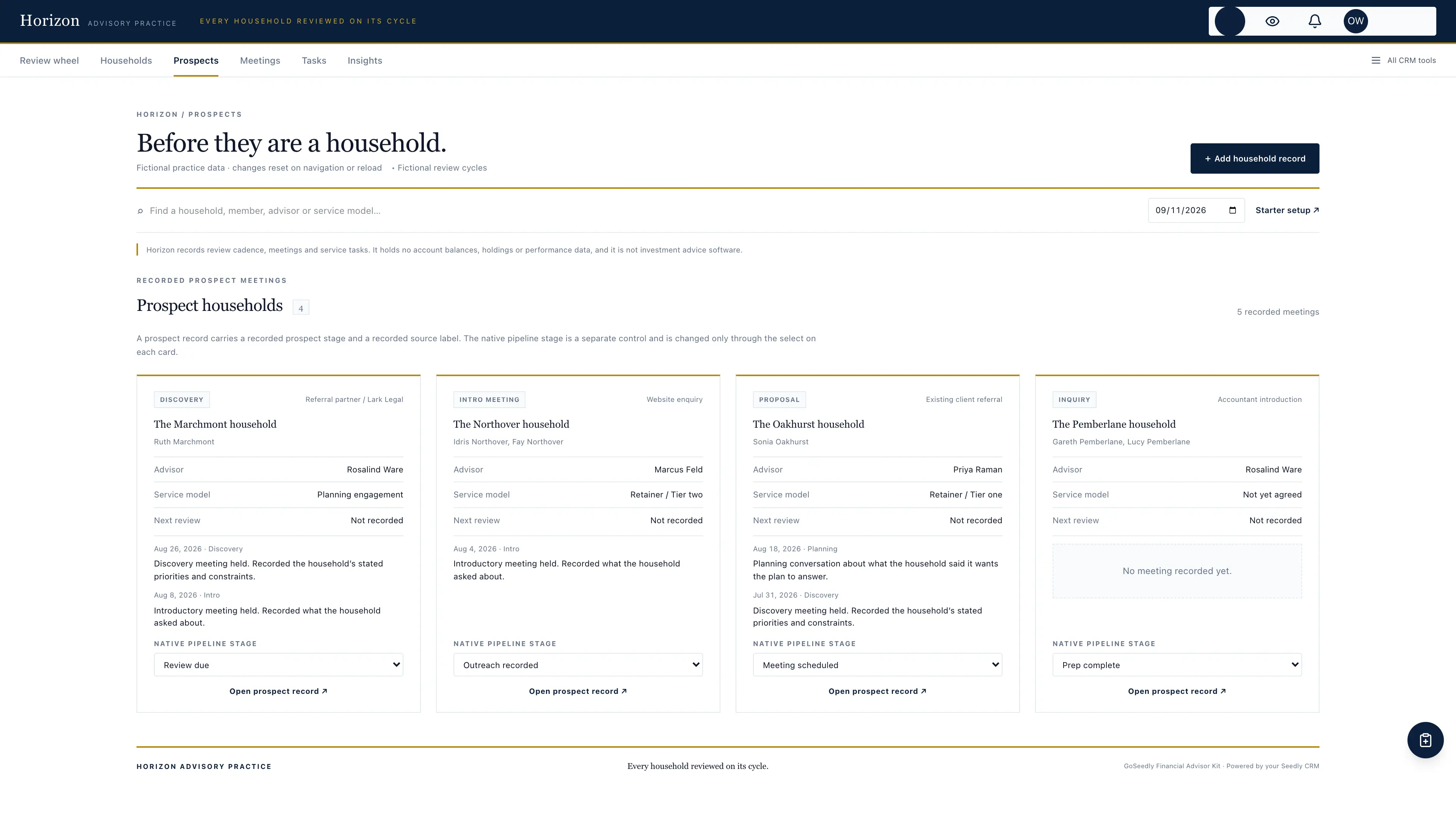 Prospects in the GoSeedly Financial Advisor Kit with fictional sample records