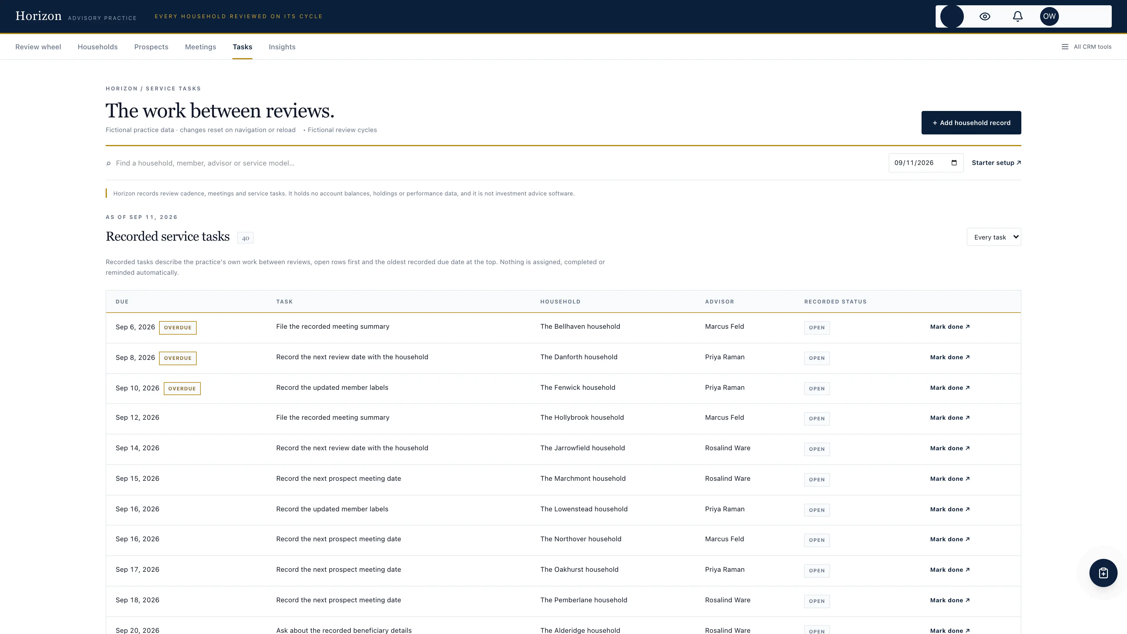 Service tasks in the GoSeedly Financial Advisor Kit with fictional sample records