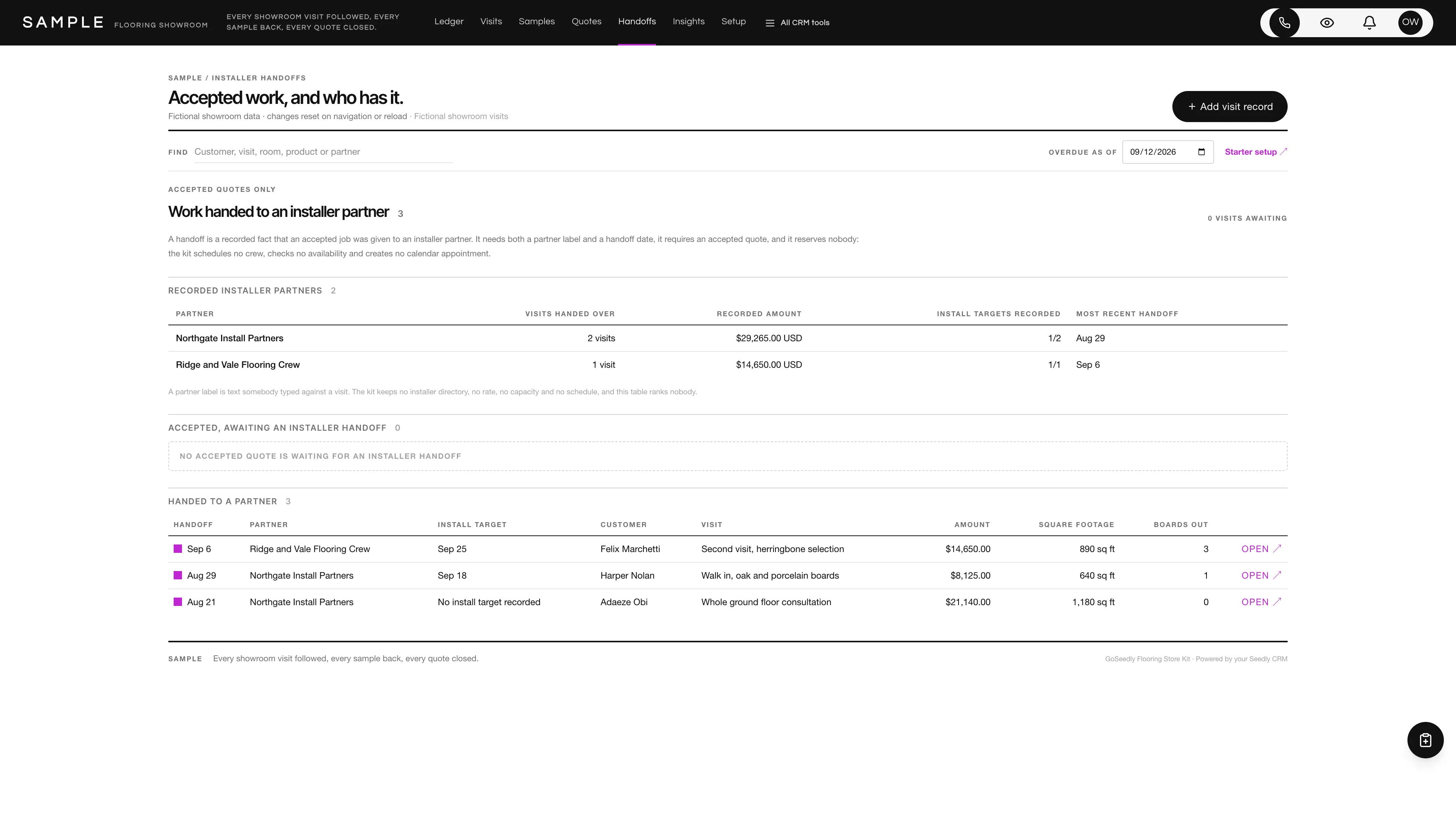 Installer handoffs in the GoSeedly Flooring Store Kit with fictional sample records