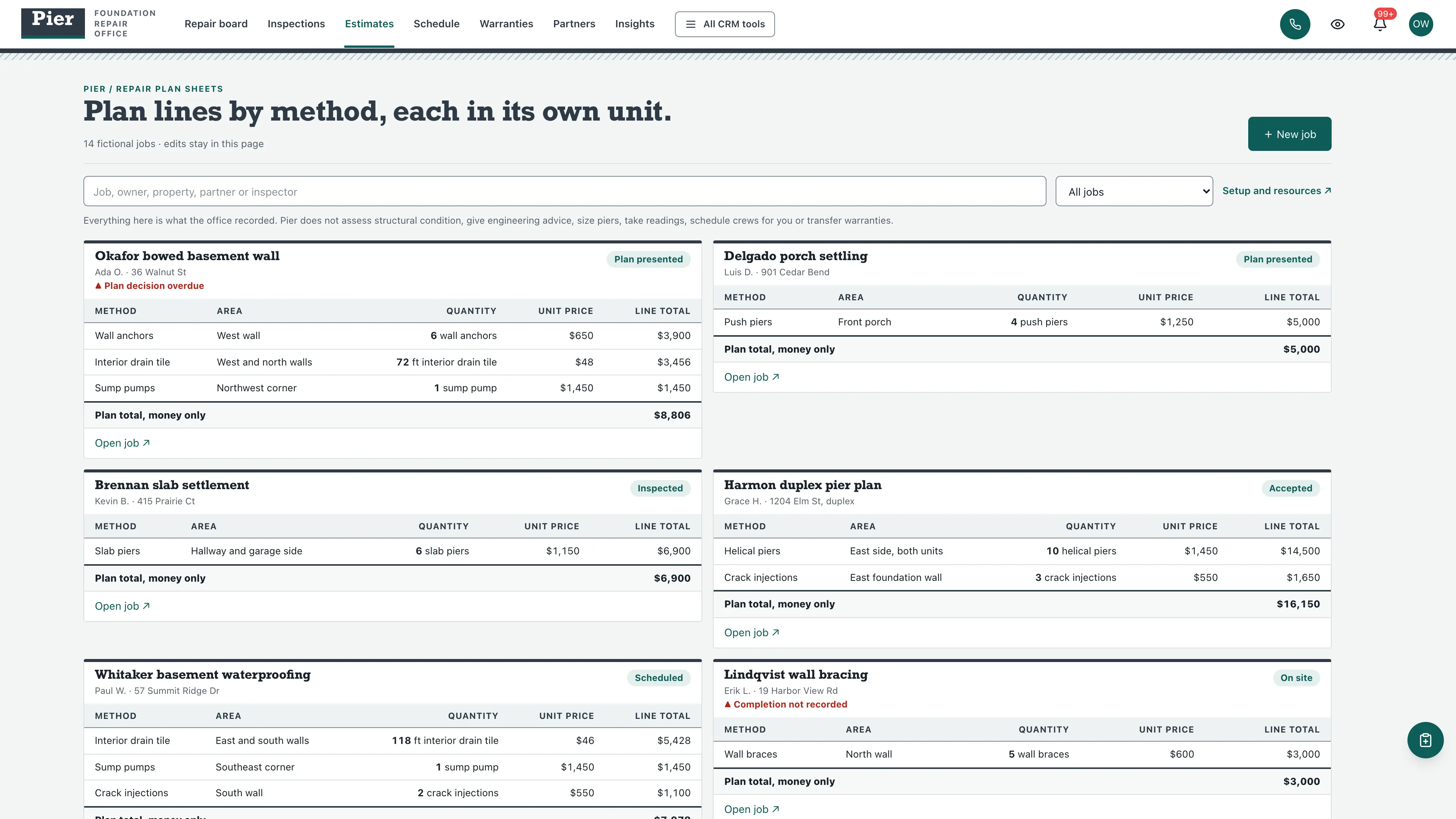 Estimates in the GoSeedly Foundation Repair & Waterproofing Kit with fictional sample records