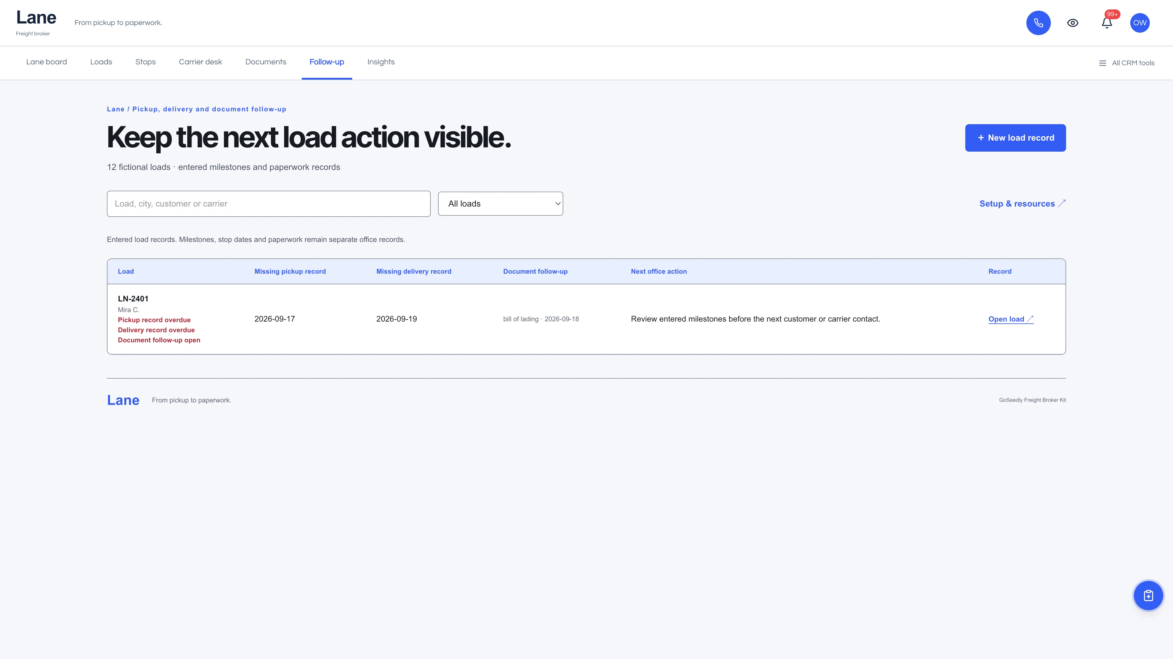Follow-up in the GoSeedly Freight Broker Kit with fictional sample records